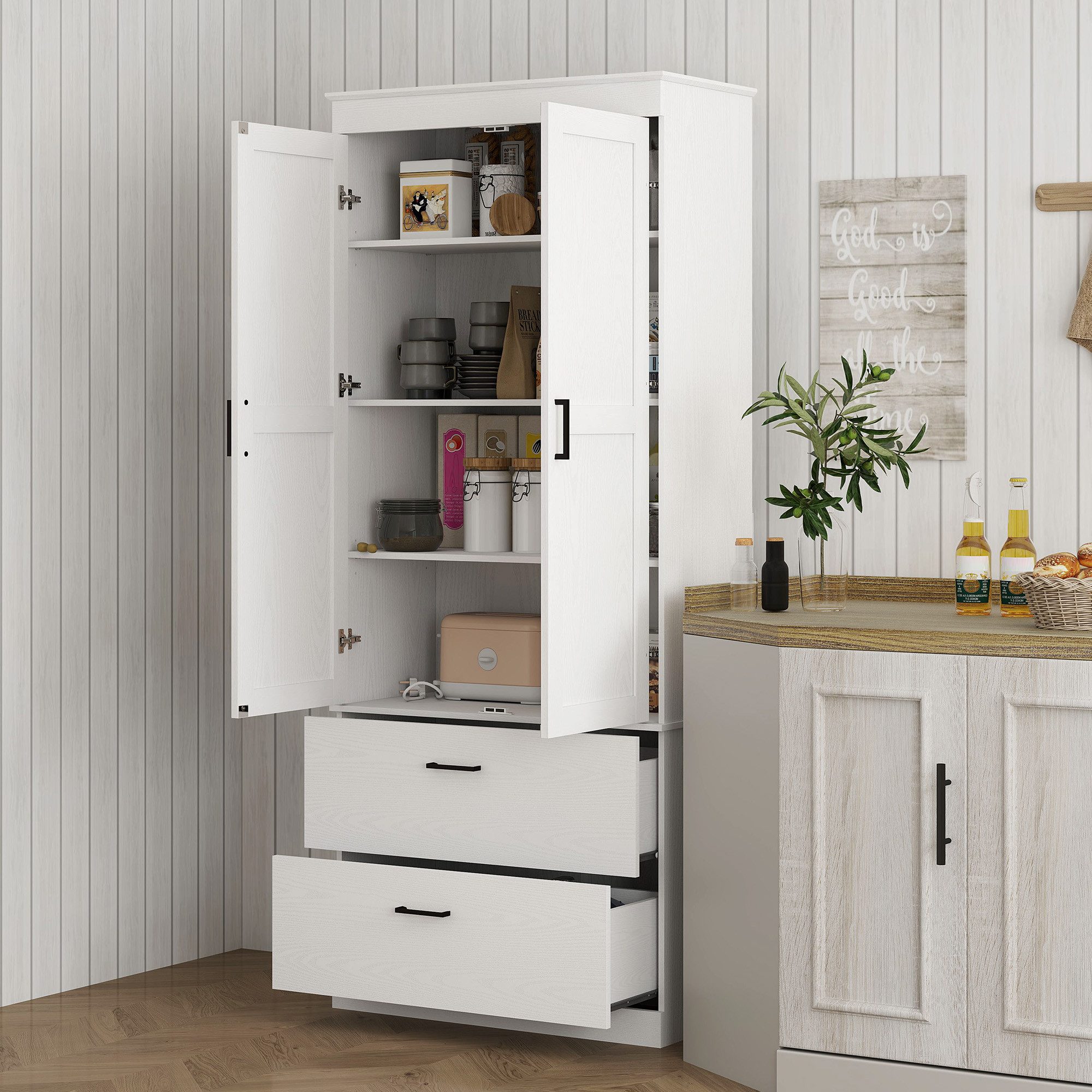 HOMCOM Hochschrank Buffetschrank Aufbewahrungsschrank mit Landhaus-Stil für Küche (Küchenbuffet, 1-St., Küchenschrank) für Esszimmer, Wohnzimmer, 75 x 39 x 178 cm, Cremeweiß