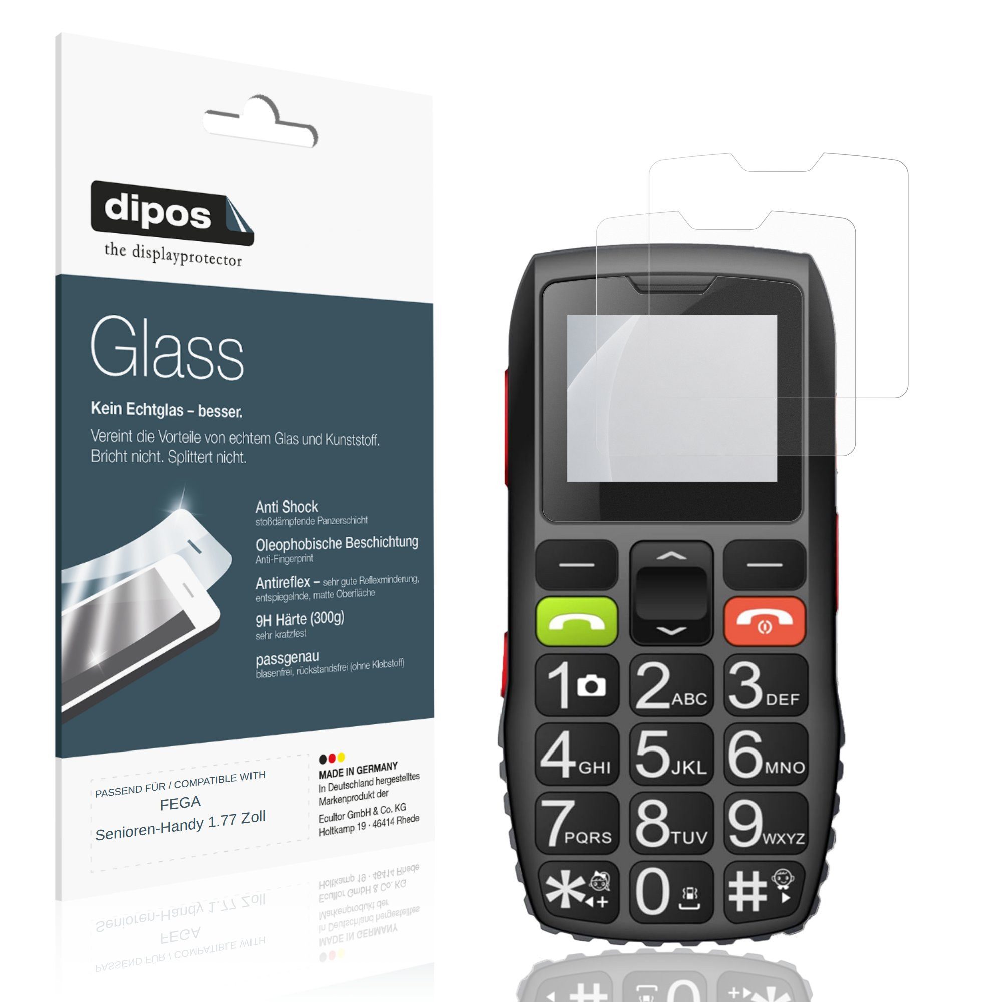 dipos Displayschutzfolie Schutzfolie für FEGA Senioren-Handy 1.77 Zoll, 2 Stück, Displayschutz Schutz Folie Made in Germany