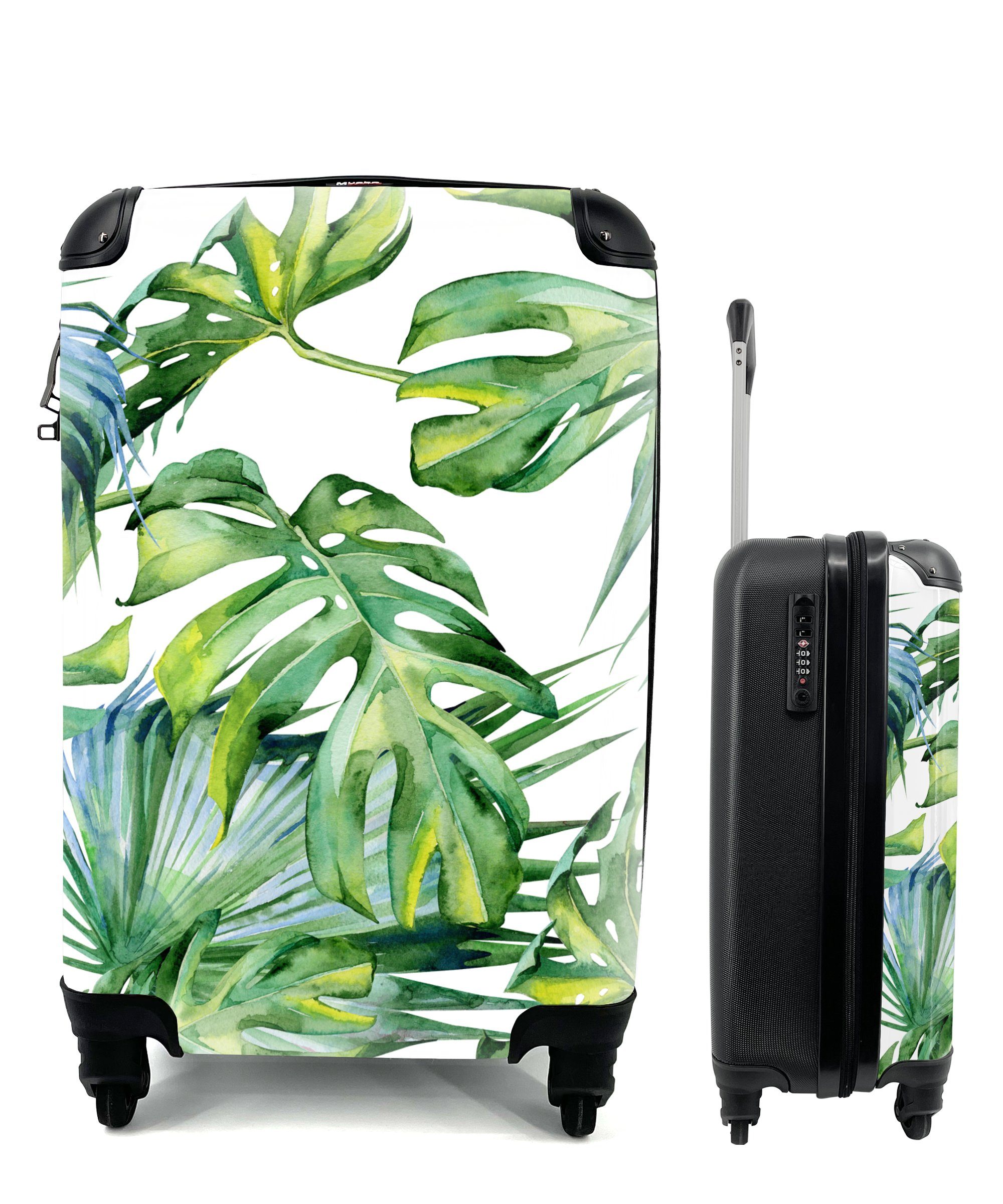 MuchoWow Handgepäckkoffer Trolley Extra Leicht Monstera - Muster - Aquarell, 4 Rollen, Handgepäck Kinder Trolley Rollkoffer Kleine Reisekoffer mit 4 Rollen - Cabin Size < 55x40x23 & 55x40x20 cm - Kinderkoffer - Kabinenkoffer - Boardgepäck