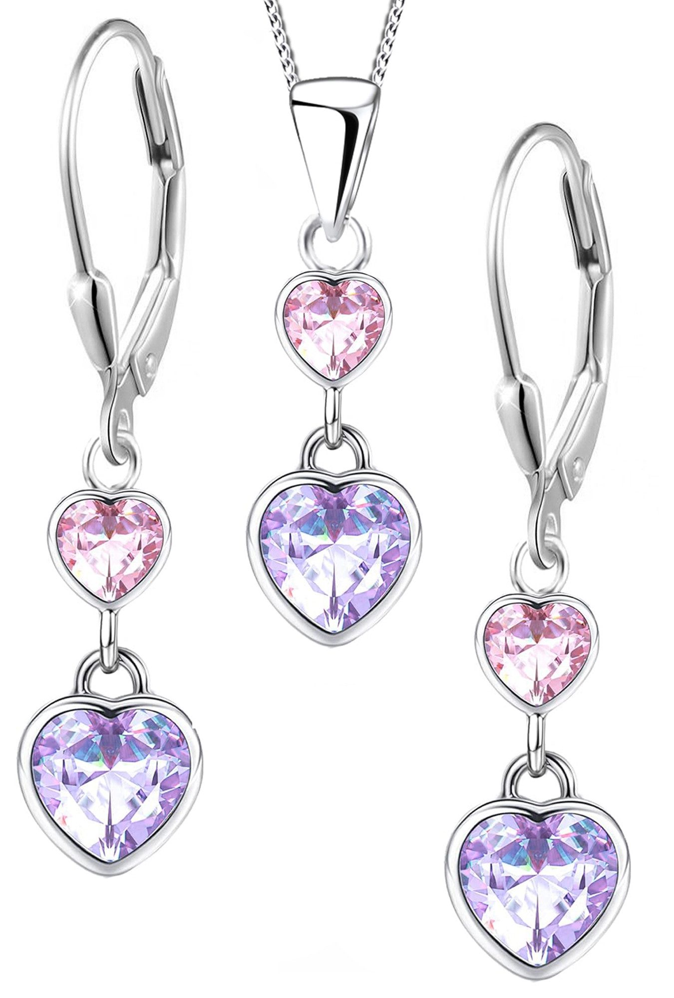 Limana Ohrring und Ketten Set Kinder Mädchen 925 Silber Herz Ohrhänger mit Kette rosa lila, hängende Ohrringe mit Halskette Kinderschmuck Geschenkidee
