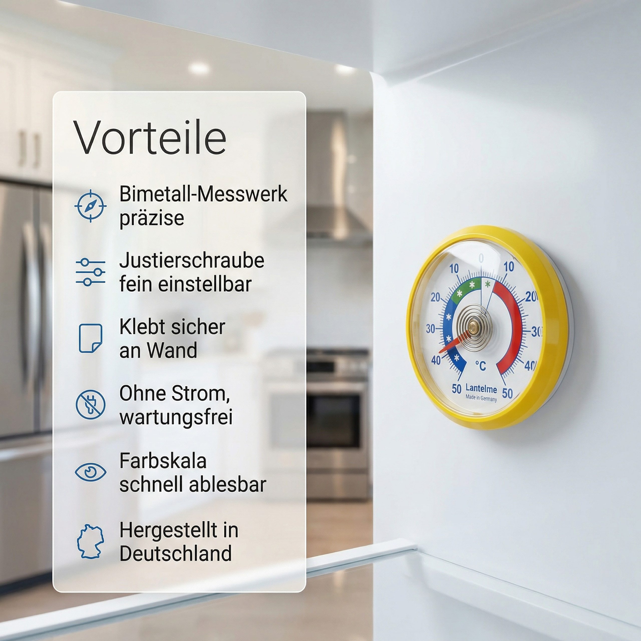 Lantelme Kühlschrankthermometer 4 Stück Set Farbwahl Selbstklebend Gefrierschrank Thermometer Analog, 4-tlg., Deutsche Herstellung, Klebepad anbei, Temperaturanzeige + - 50°C Temperaturüberwachung Kühlschrank