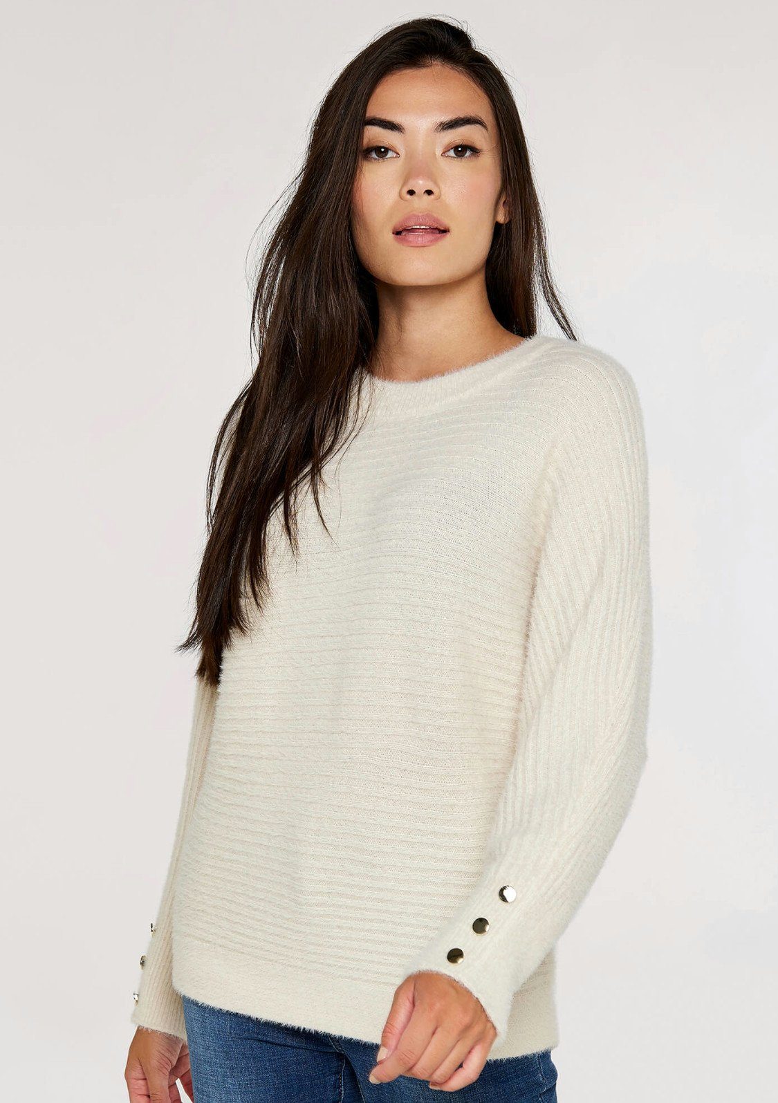 Apricot Strickpullover Fluffy Selfstriped Button Cuffed (1-tlg) in Unifarbe weiß