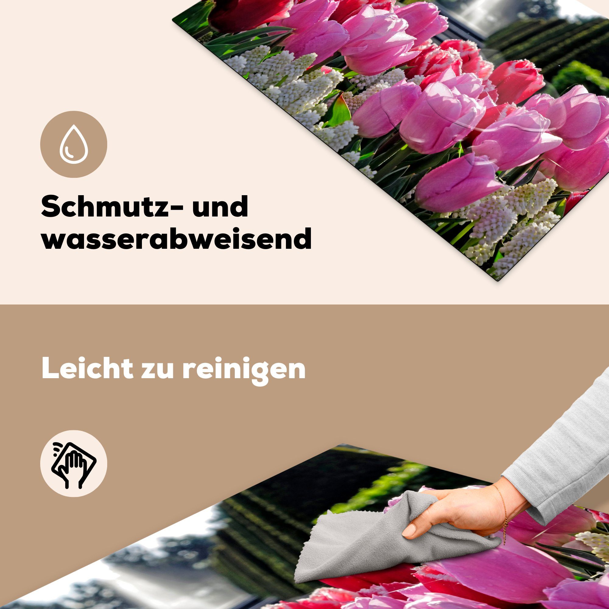 MuchoWow Herdblende-/Abdeckplatte Tulpen vor im Niederlanden, Keukenhof tlg), in Schutz die Induktionskochfeld Springbrunnen den Vinyl, küche, 81x52 für cm, Ceranfeldabdeckung (1 einem