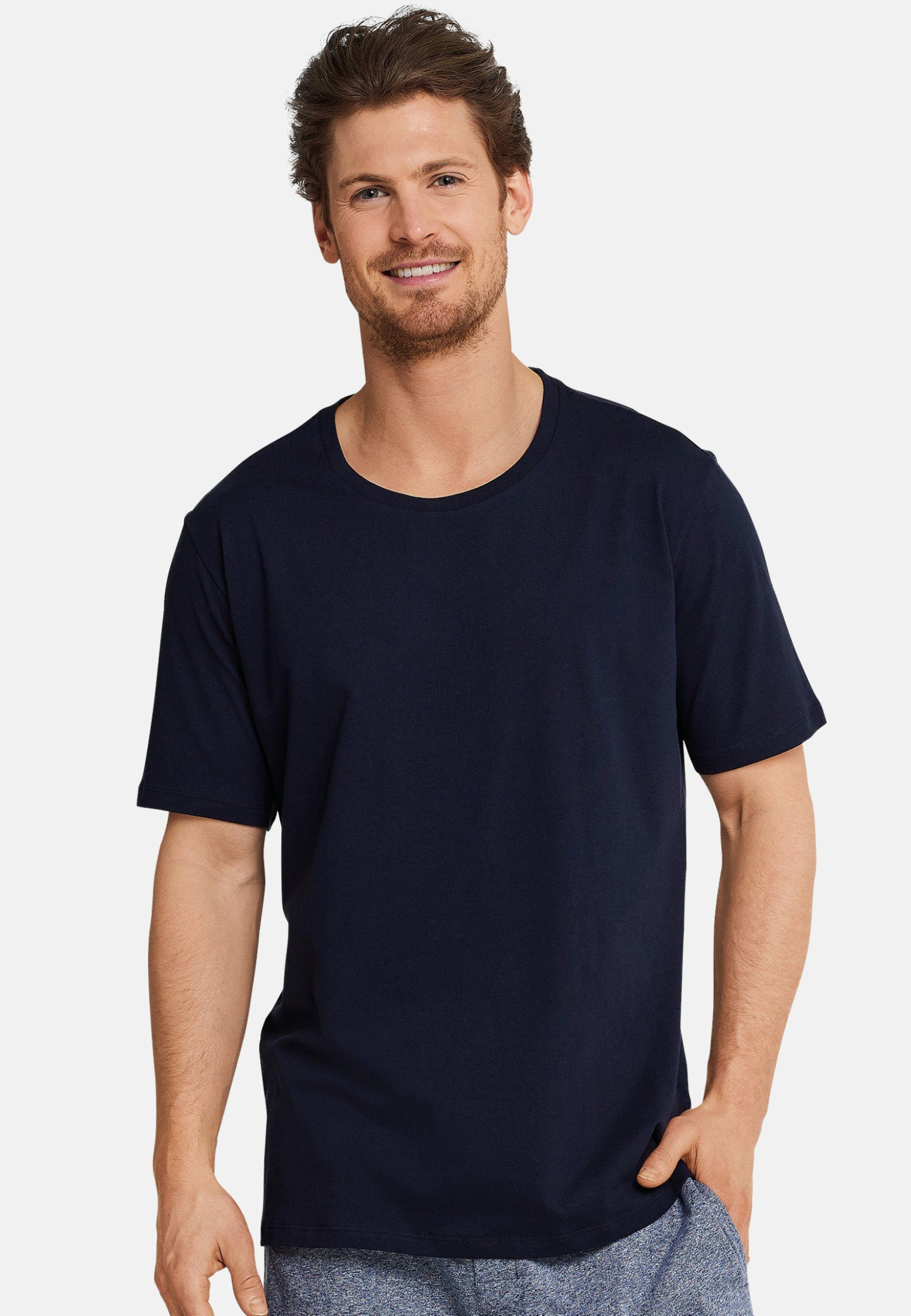 Schiesser Pyjamaoberteil Mix Schlafanzug T-Shirt (1-tlg) - Baumwolle Relax Basic dunkelblau & 