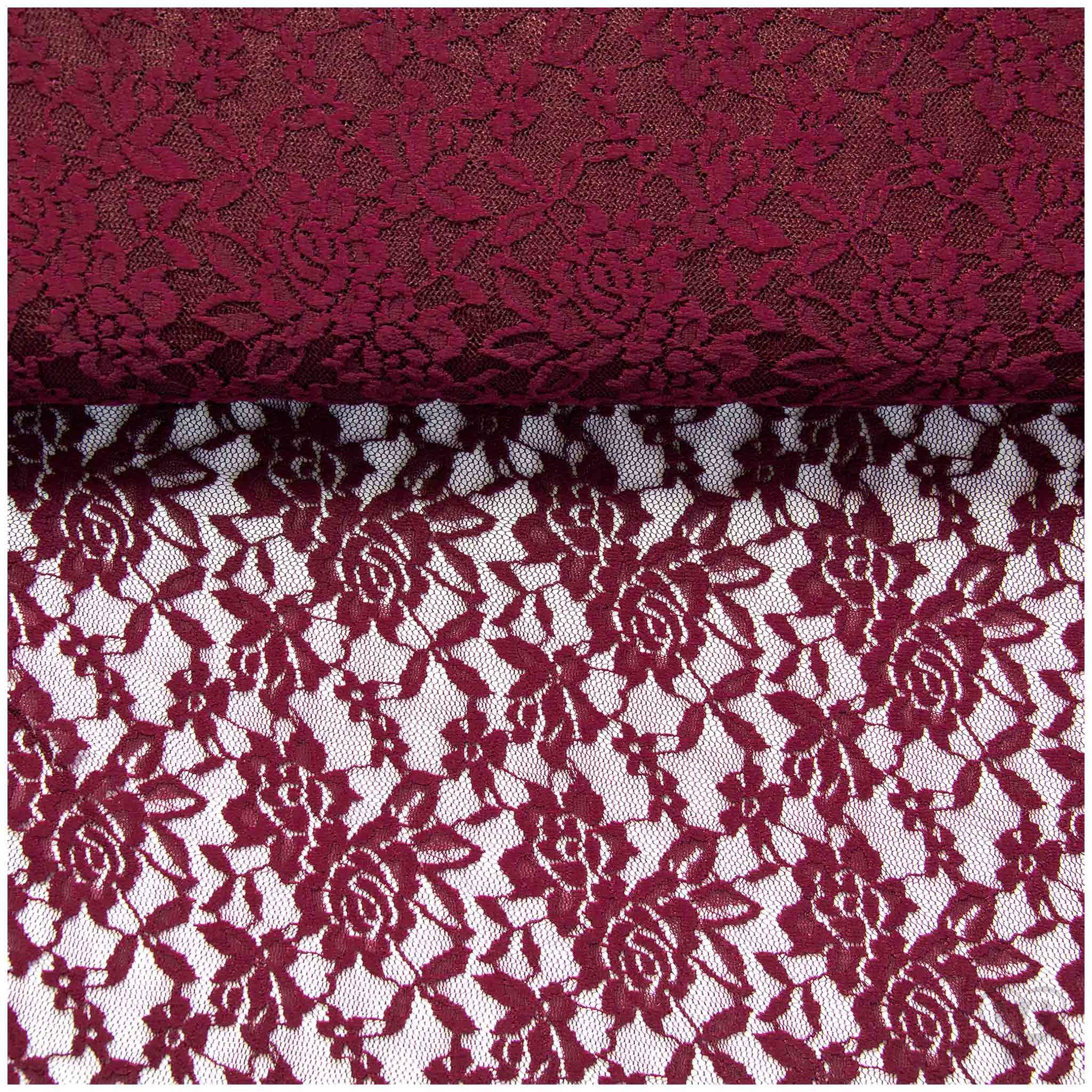 maDDma Stoff Spitzenstoff elastisch Meterware 145cm breit Blumenmuster 145g/m², bordeaux