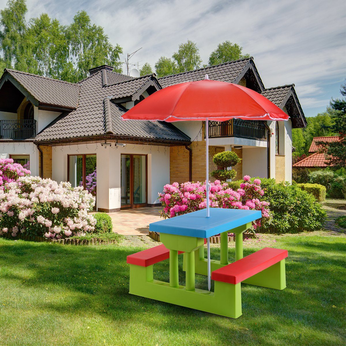 mit Sonnenschirm Kindertisch, Kindersitzgruppe COSTWAY Rot+Blau+Grün Sitzgarnitur,