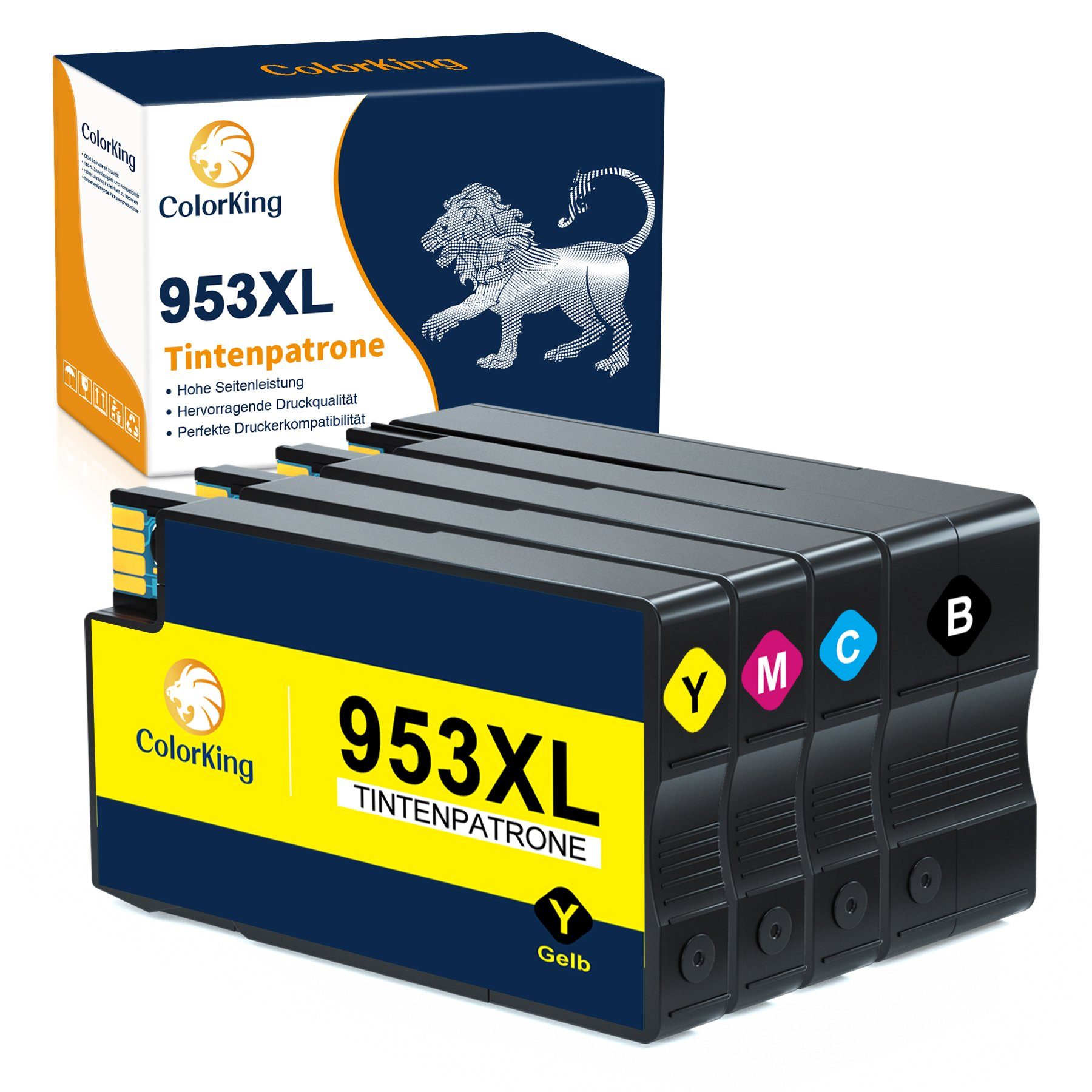 HP953XL 4er-pack=1x Tintenpatrone Ersatz Gelb XL 953 ColorKing Cyan, Schwarz, Magenta, 1x für HP953 1x HP 1x 953XL Multipack