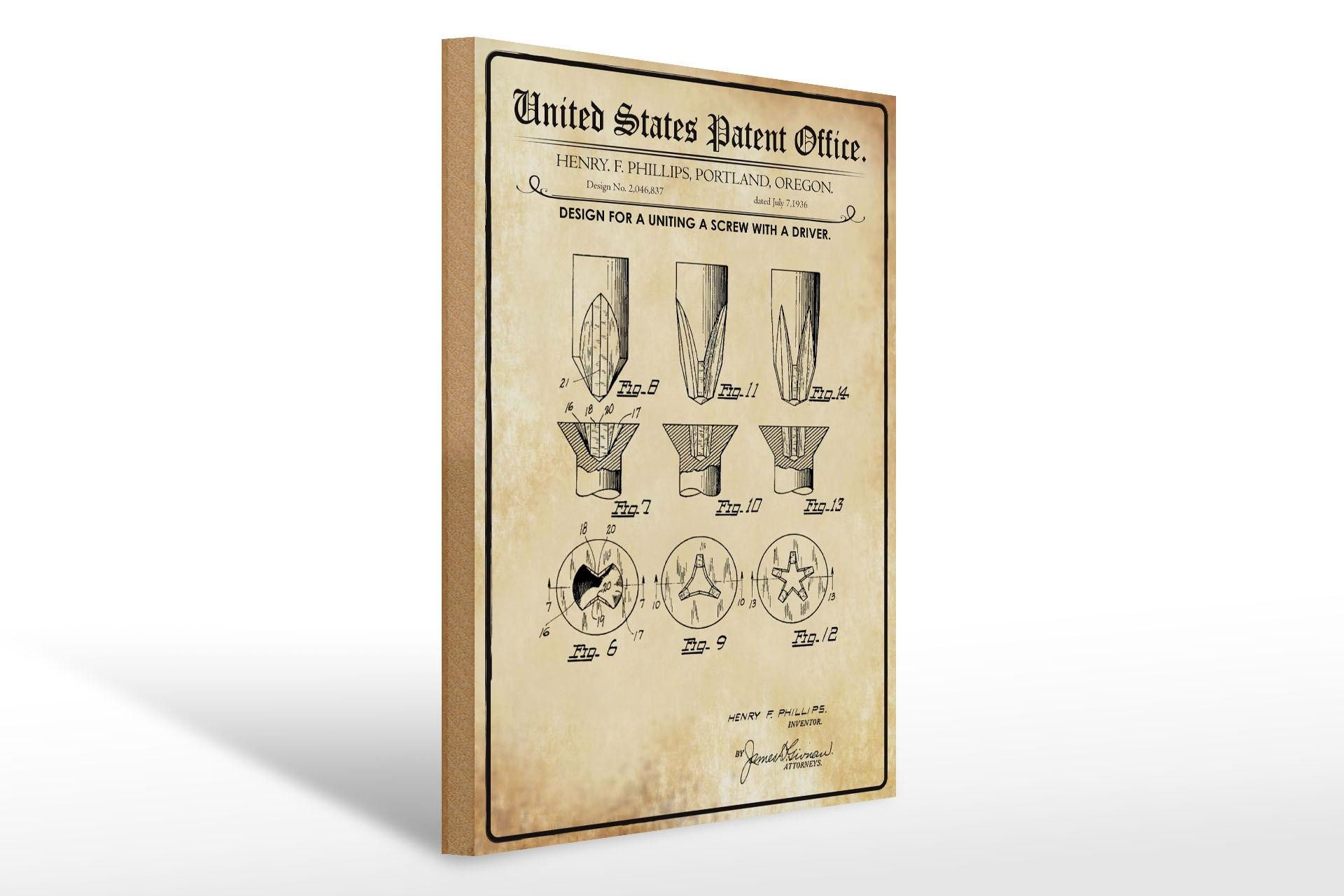 Femer GmbH Holzbild Patent 30x40 cm Entwurf für Schraubverbindungen, (1 St), Glatte Holzfaserplatte (MDF), vorn beschichtet