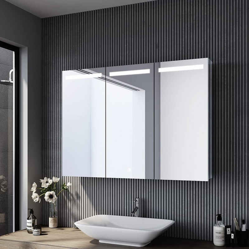 SONNI Spiegelschrank Spiegelschrank Bad mit Beleuchtung 90 x 65 cm Badpiegelschrank 3-türig mit Touchschalter und Steckdose,verstellbare Einlegeböden