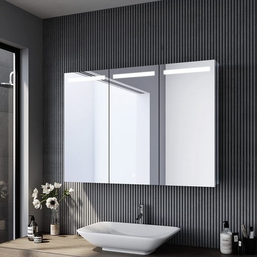 SONNI Spiegelschrank »Spiegelschrank Bad mit Beleuchtung 90 x 65 cm mit Touchschalter und Steckdose verstellbare Einlegeböden Badpiegelschrank 3-türig«