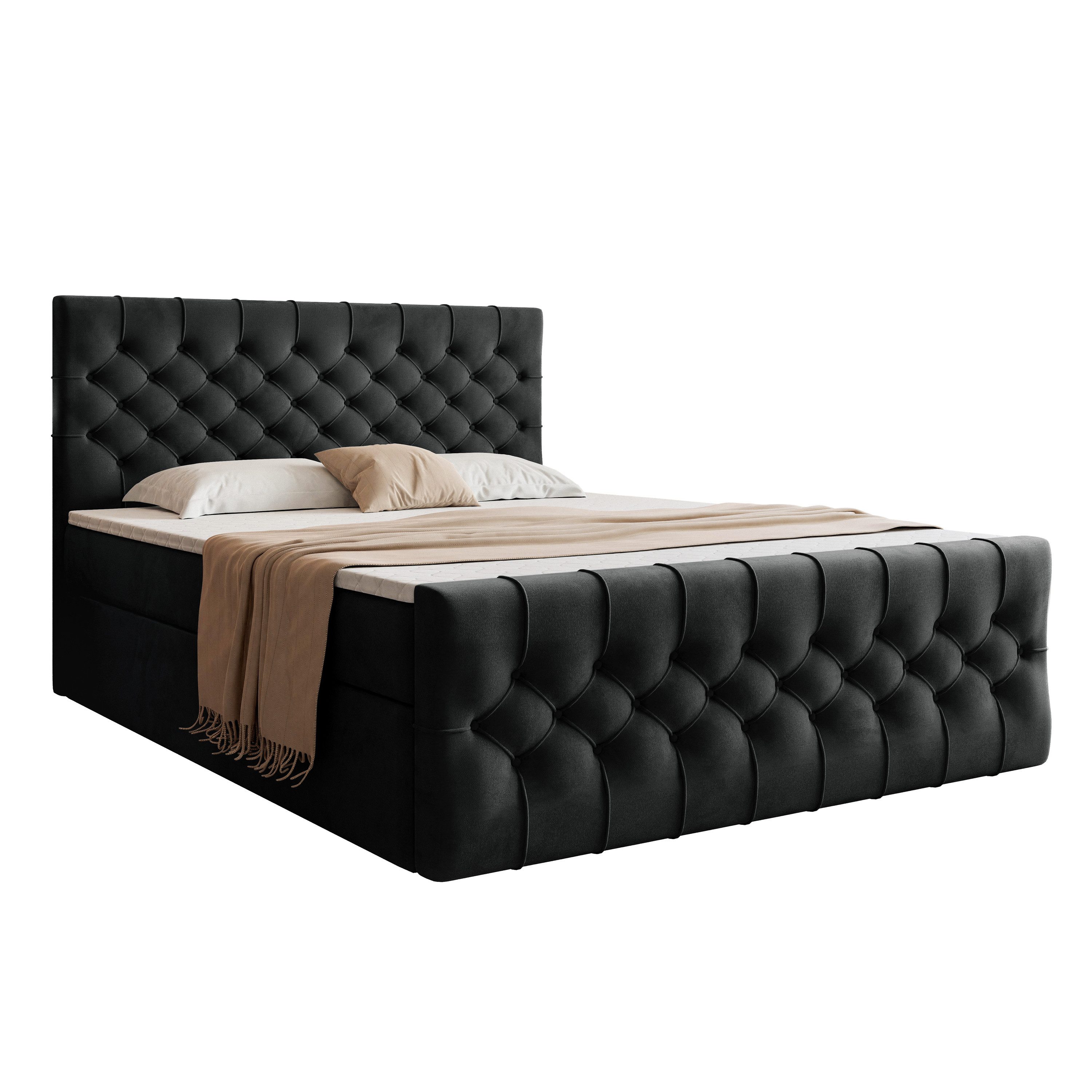 Goldstoff Boxspringbett TAURIEL mit Federkernmatratze & Topper, zwei Bettkästen (von 120 bis 200x200 cm), modernes Doppelbett aus Velvet Stoff mit edlem Kopftei – Bild 3 von 5
