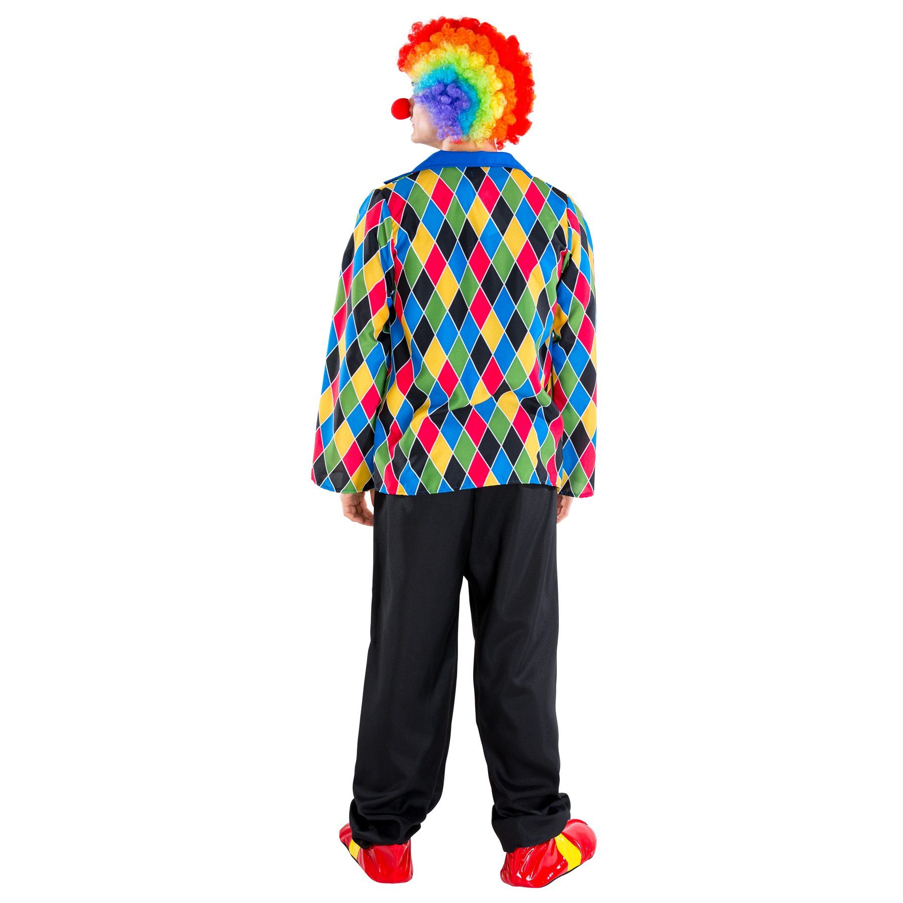 dressforfun Clown-Kostüm Spaßvogel/Komiker, in schwarz, Konfektionsgröße XXL, 4 Zierknöpfe, Bequeme schwarze Hose mit Gummizug, Schicker Frack mit Rautenmuster