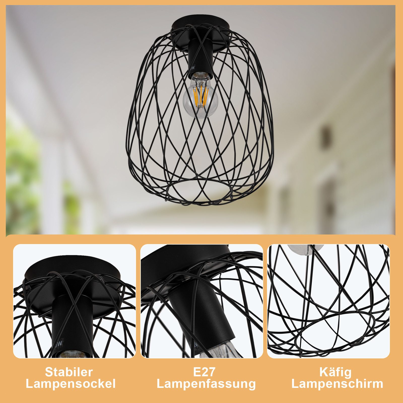ZMH Deckenleuchte Ø 25cm Schwarz Vintage Deckenlampe Kaefig Gitter für Wohnzimmer Flur, ohne Leuchtmittel, 1Flammig E27 Metall Lampenschirm Deckenstrahler Korri – Bild 4 von 5