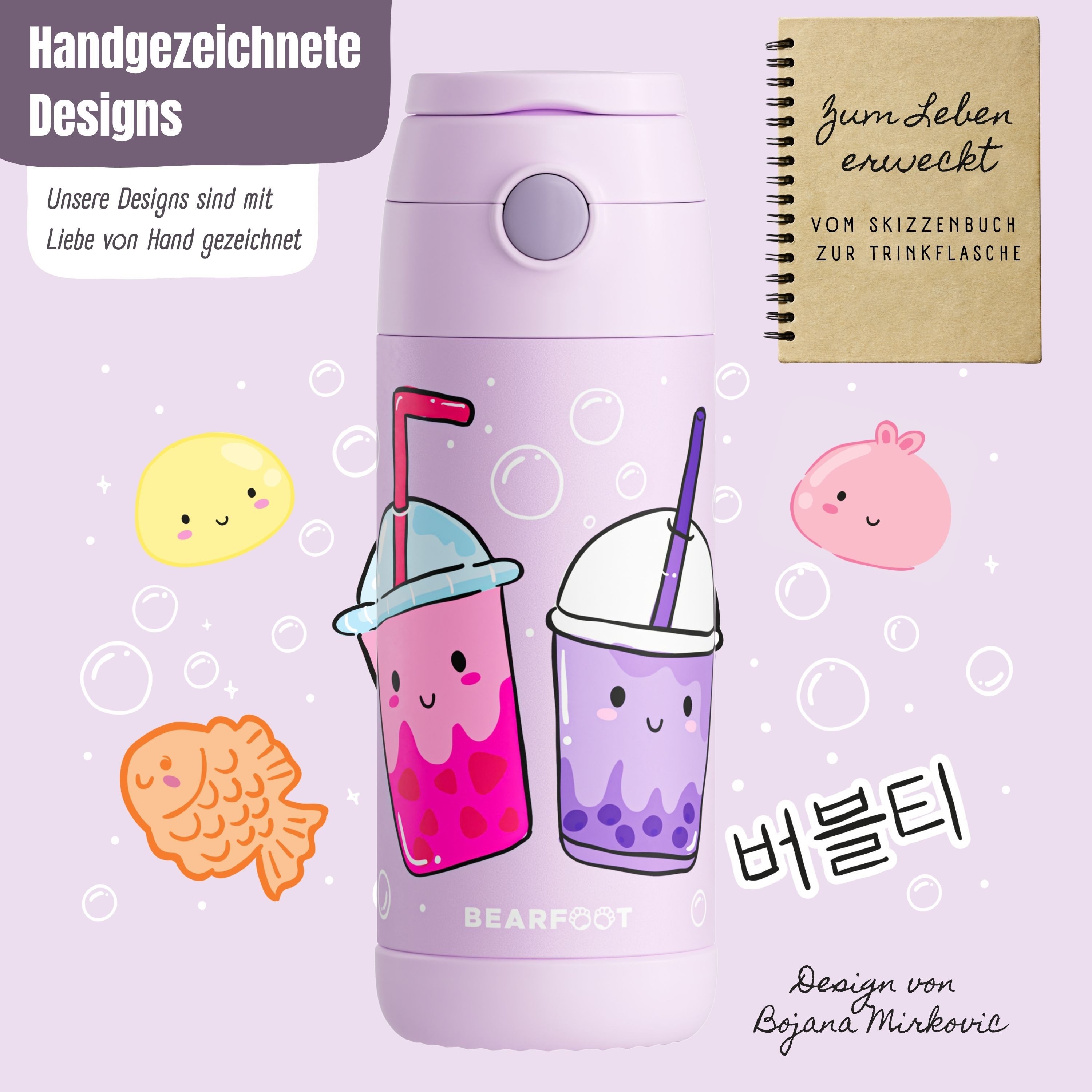 BEARFOOT Trinkflasche Thermo Kinder Trinkflasche Edelstahl - BubbleTea lila, Thermosflasche, auslaufsicher, Edelstahl, Kinderflasche, BPA-frei – Bild 4 von 5