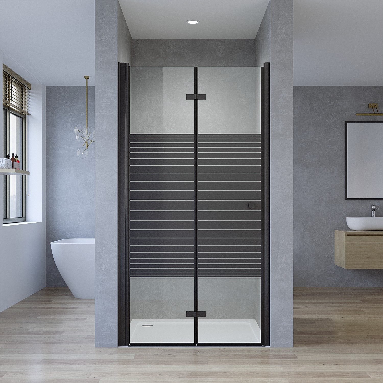AQUABATOS Dusch-Falttür Nische Falttür Duschtür 70x187 cm mit schwarzen Querstreifen Glastür, 70x187 cm, Sicherheitsglas, Große Faltöffnung, mit Hebe- und Senkfunktion, Wandausgleich 35mm, ESG