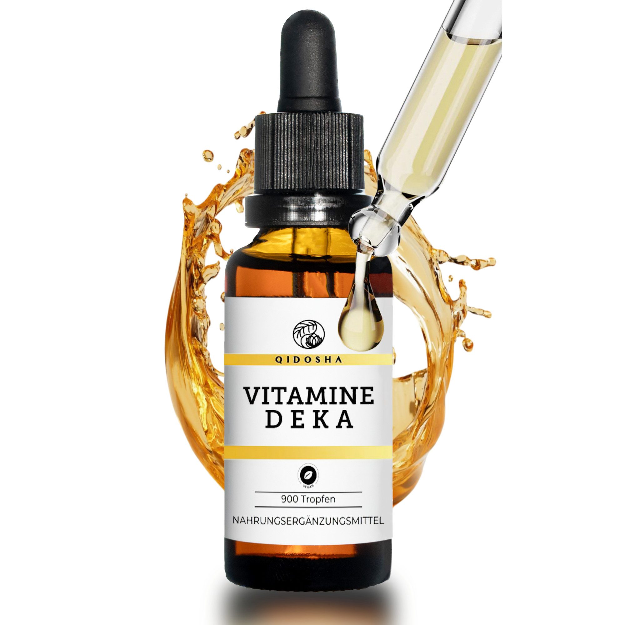 QIDOSHA Vitamin DEKA Tropfen D3 K2 E A - Hochdosiert, Vegan & Bioaktiv Tropfen, 1 er 1 Flasche à 900 Tropfen für tägliche Nährstoffversorgung à 30 ml, Fettlösliche Vitamine Tropfen MCT-Öl - Immunsystem & Knochenpflege