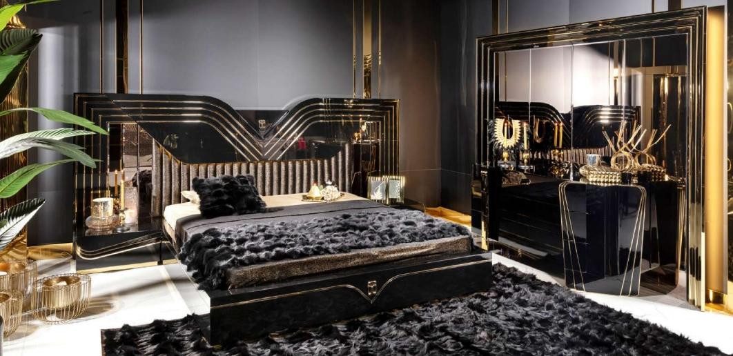 JVmoebel Schlafzimmer-Set Edles Schwarzer Schlafzimmer-Set Doppelbett 2x Nachttische Schrank, (5-tlg)