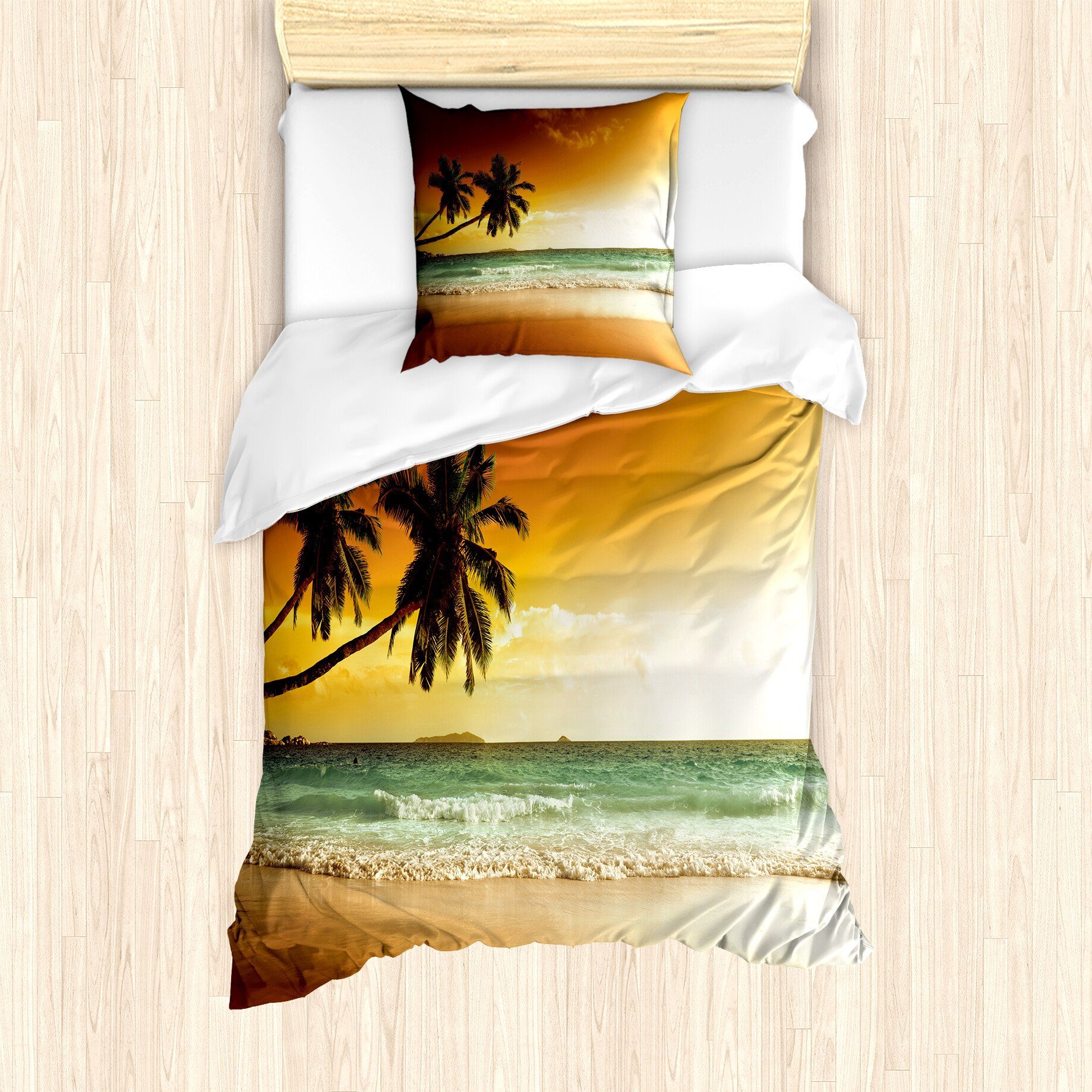 Hawaii Bettwäsche Sandstrand Design - Microfaser Bettbezug 135x200cm Mit Palmen-Muster Für Urlaubsfeeling