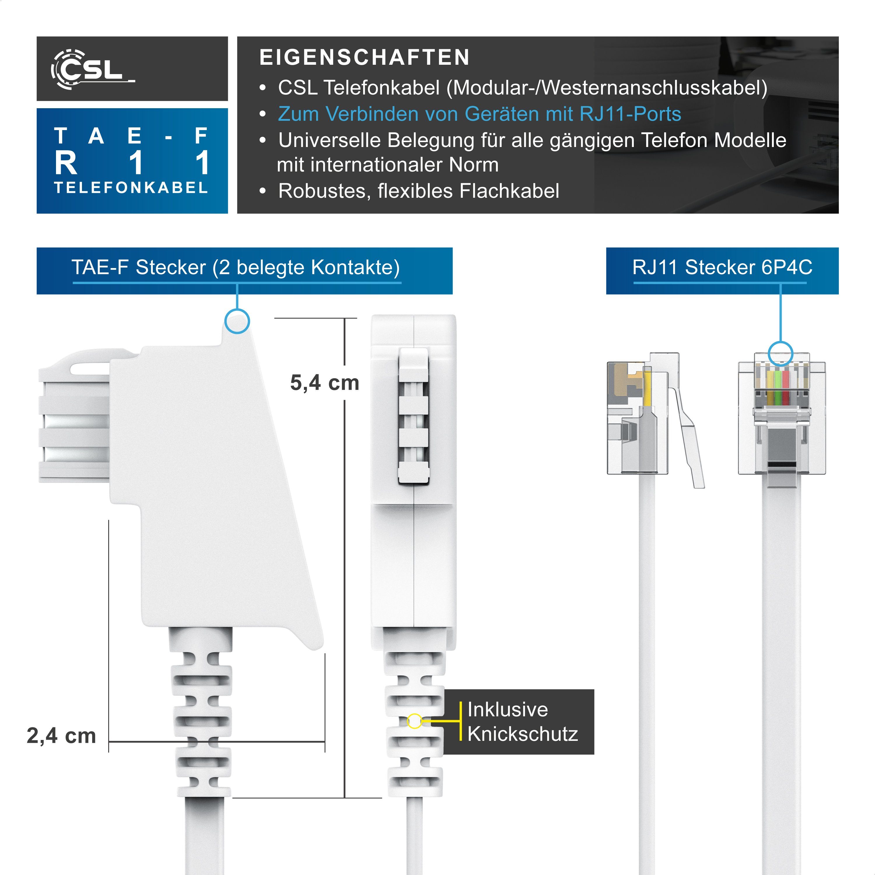 CSL Telefonkabel, TAE-F, RJ-11 (1000 cm), Flachkabel TAE-F Telefondose zu Telefon Fax Anrufbeantworter flach 10m