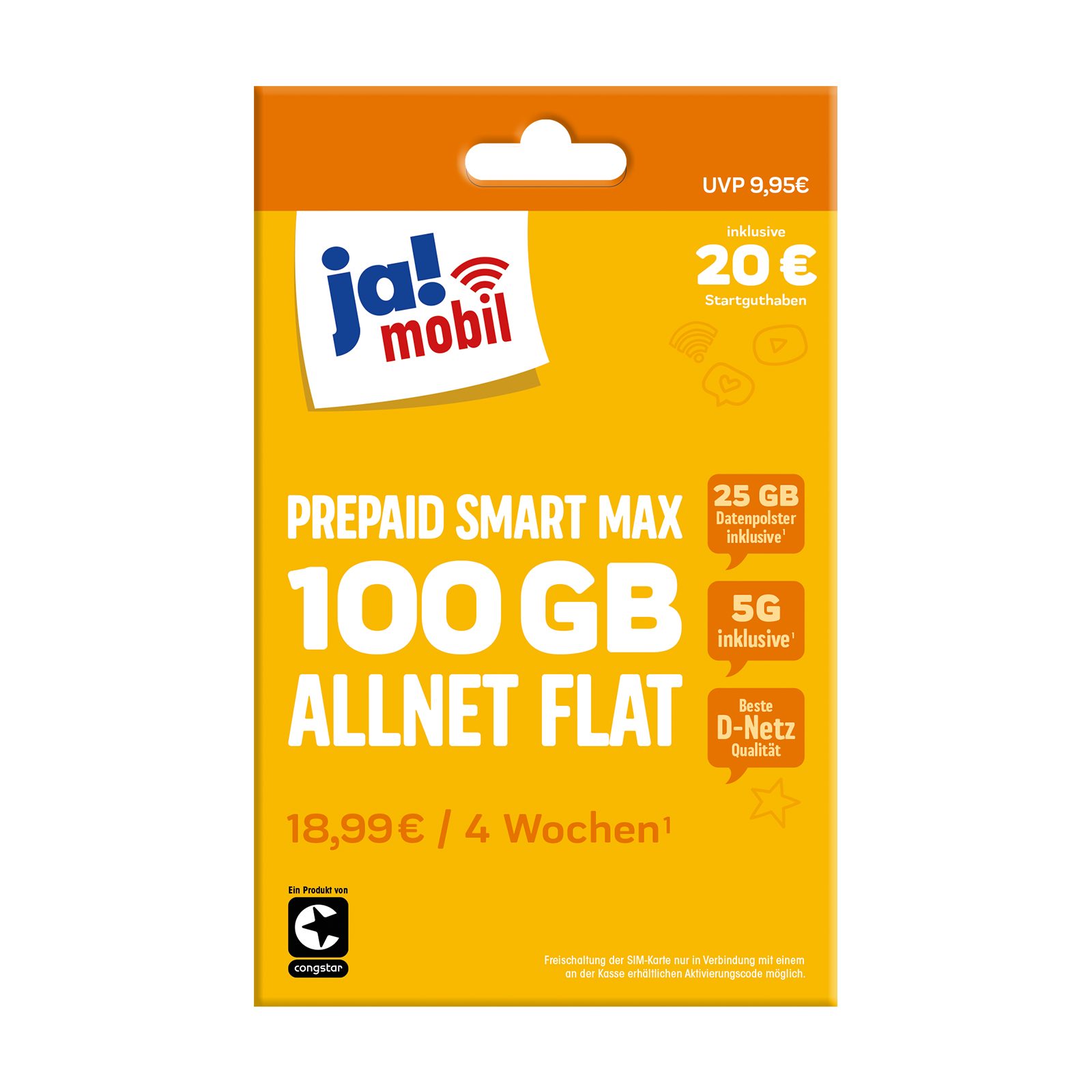 Ja! Mobil Prepaid Smart Max 5G Prepaidkarte, (100 GB mit 5G, EU-Roaming inkl. Schweiz, ohne Vertrag)