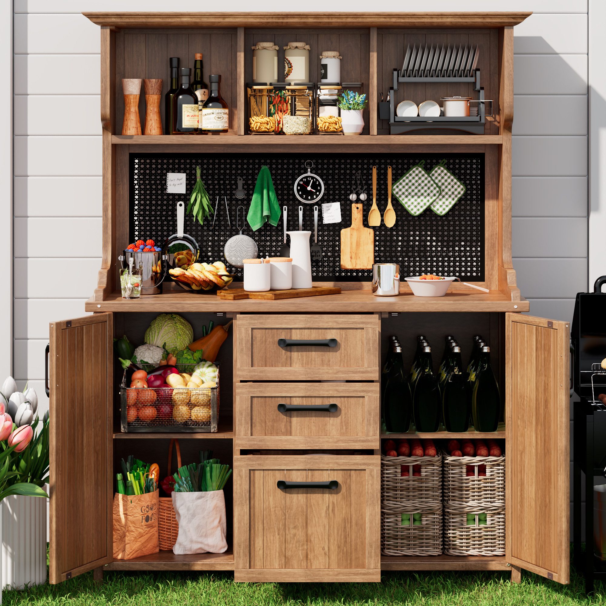 Flieks Buffet Garten Werkzeugschrank aus massivem Tannenholz mit Metall-Lochwand (Küchenbuffet für Terrasse, Balkon, Outdoor, 1-St., B133,6/T50/H185 cm) Werkstatt-Set Hochschrank mit Schubladen und verstellbar Einlegeböden