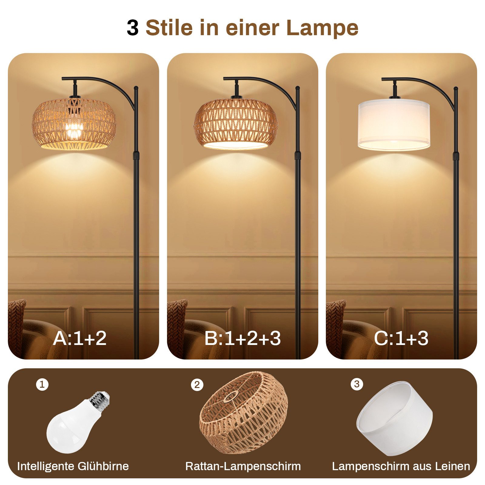 Jibenhome Stehlampe Rattan Stehlampe mit Fernbedienung,Dimmbare Vintage Stehlampe, 175cm,APP-Steuerung,für Schlafzimmer, Wohnzimmer, Büro. Reduzierter Preis € 69,99. Unverbindliche Preisempfehlung € 99,99