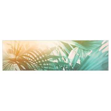 Bilderdepot24 Küchenrückwand türkis dekor Botanik Tropisch Natur Pflanzen Palmen Sonnenuntergang, (1-tlg., Nischenrückwand - für Fliesenspiegel ohne Bohren - matt), Spritzschutz Rückwand Küche Herd - Folie selbstklebend versch. Größen