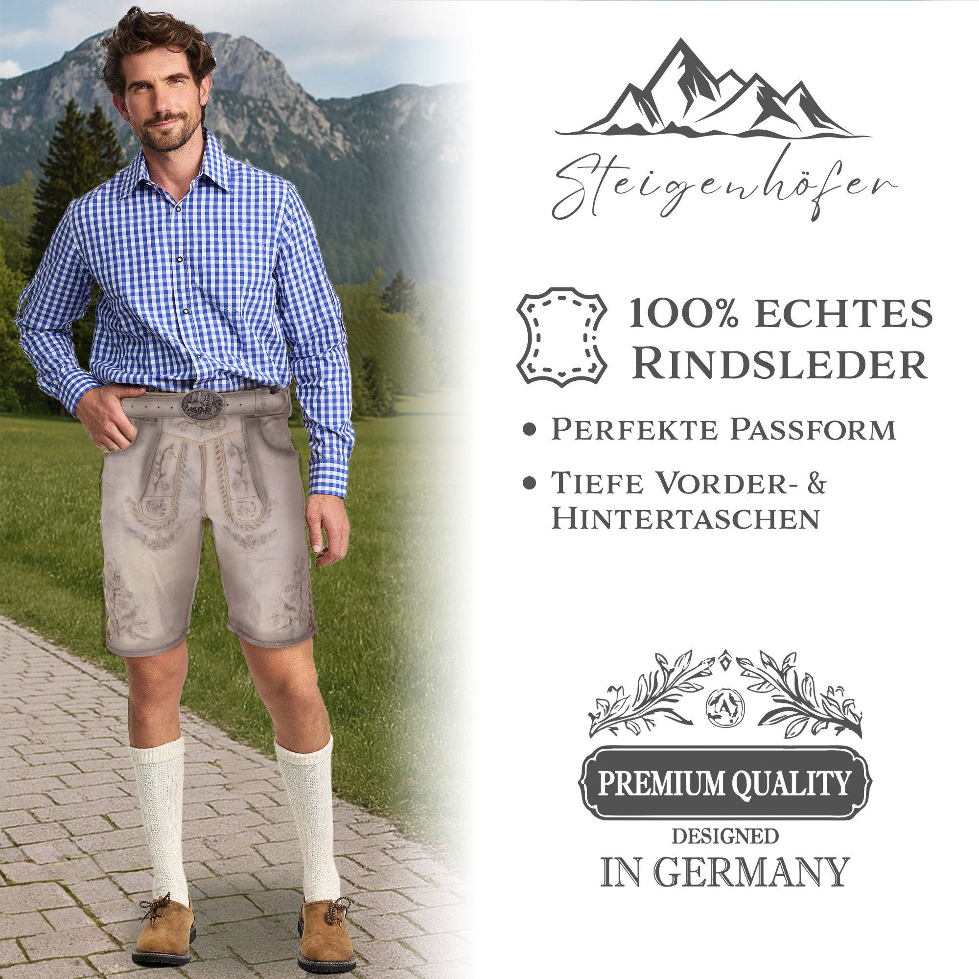 Steigenhöfer Manufaktur Trachtenlederhose FRANZ Vintage Trachtenhose mit Gürtel Nubukleder - Ideal für Dein Oktoberfest Herren Outfit