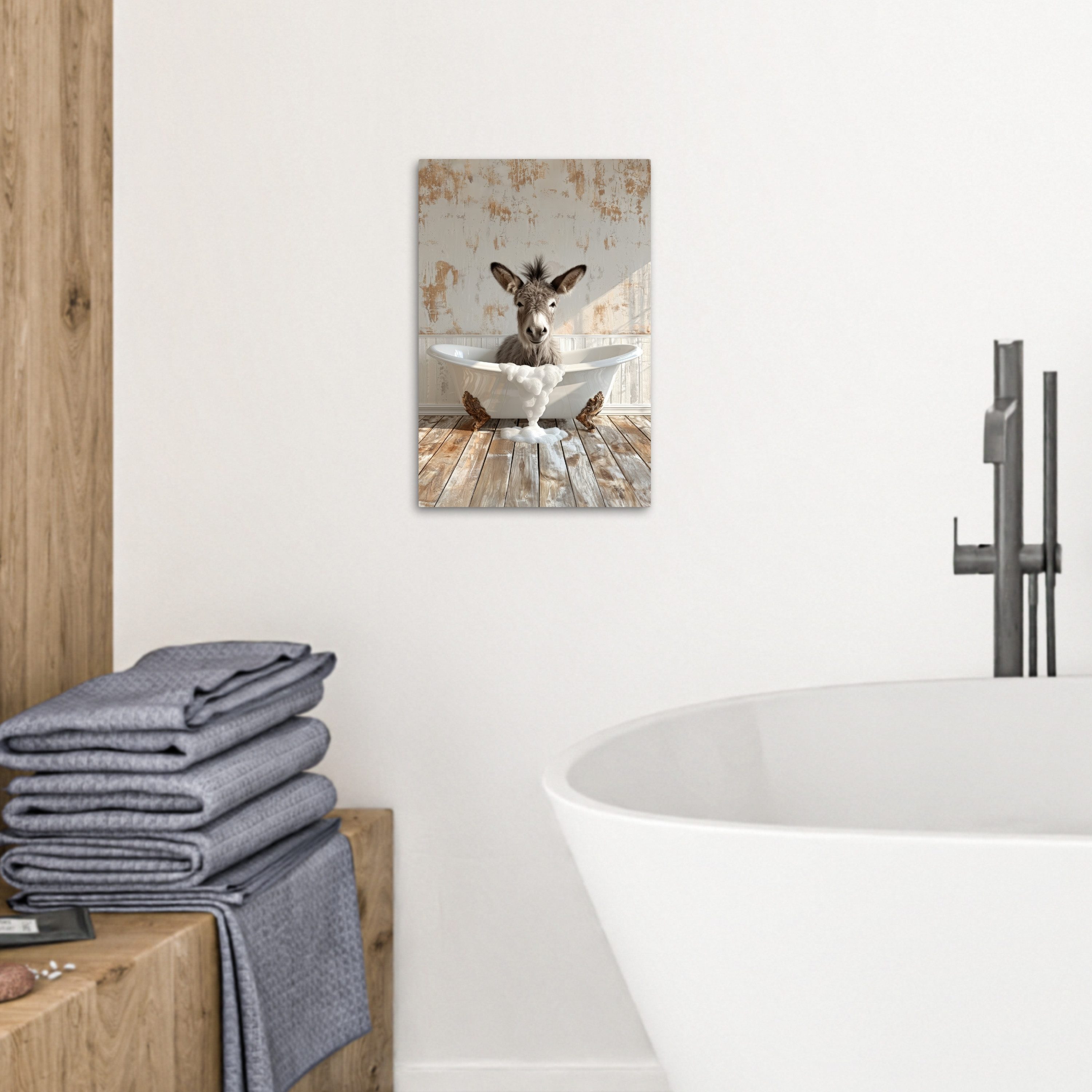 OneMillionCanvasses® Leinwandbild Esel - Tiere - Badewanne - Schaumstoff, Fotodruck (1 St), Badezimmer Deko, Bilder WC, Toilette Wanddeko 20x30 cm