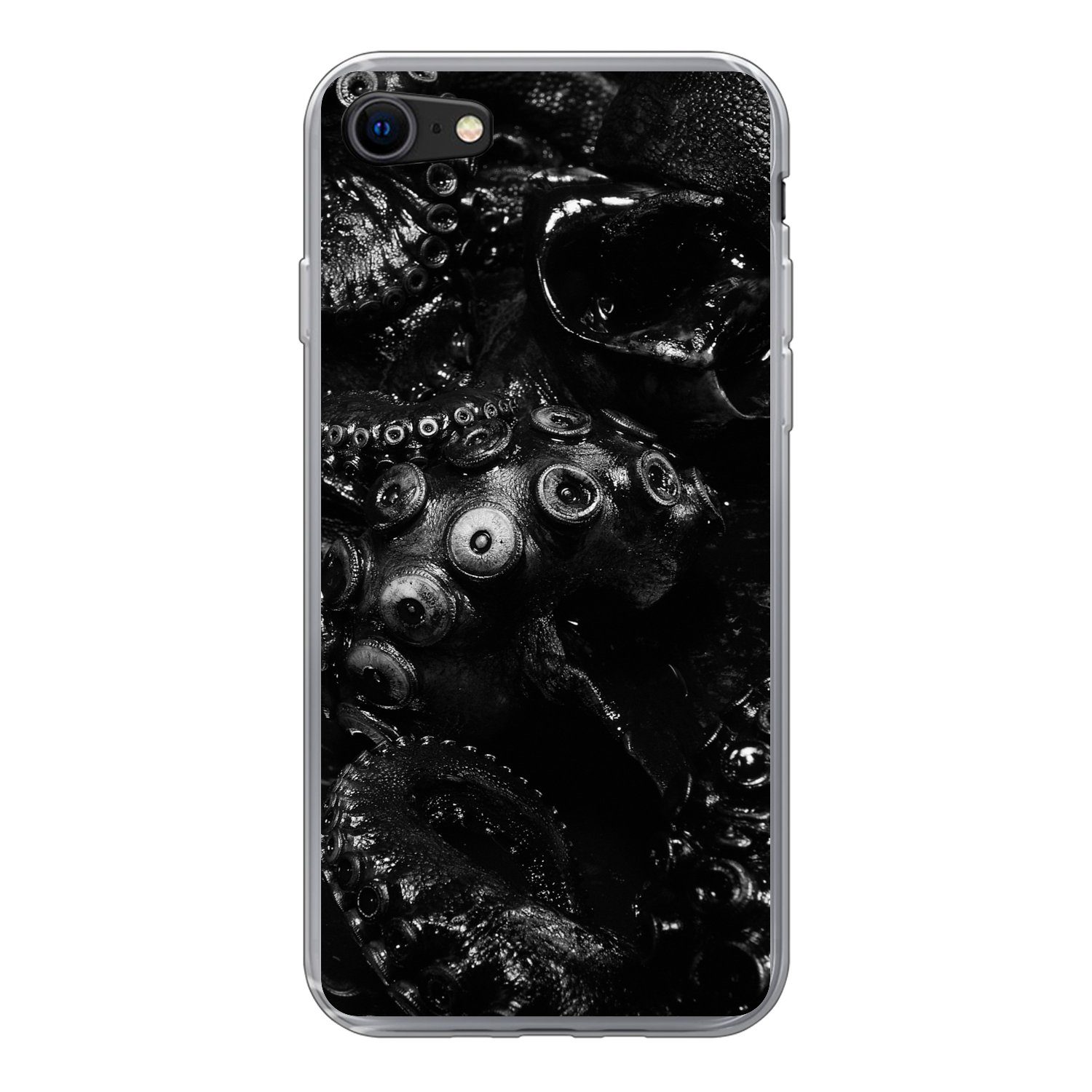 MuchoWow Handyhülle für Apple iPhone SE 2020 Nahaufnahme Oktopus auf schwarzem Hintergrund, Smartphone-Bumper, Print, Handy Schutzhülle Dünn