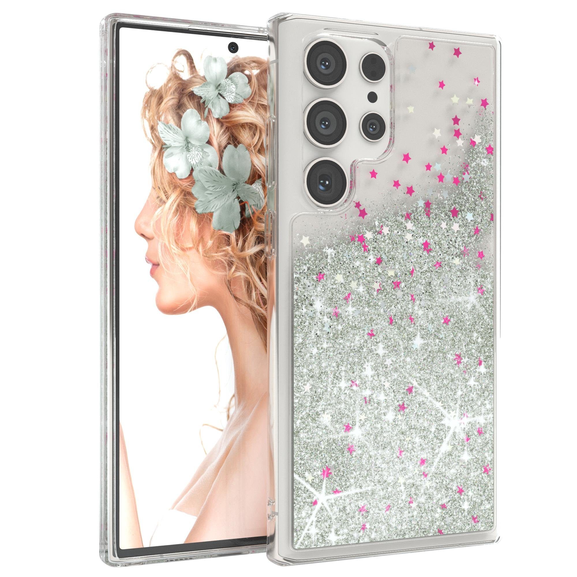 EAZY CASE Handyhülle Liquid Glittery Case für Samsung Galaxy S23 Ultra 6,8 Zoll, Kratzfeste Silikonhülle stoßfestes Back Cover Phone Case Etui Silber