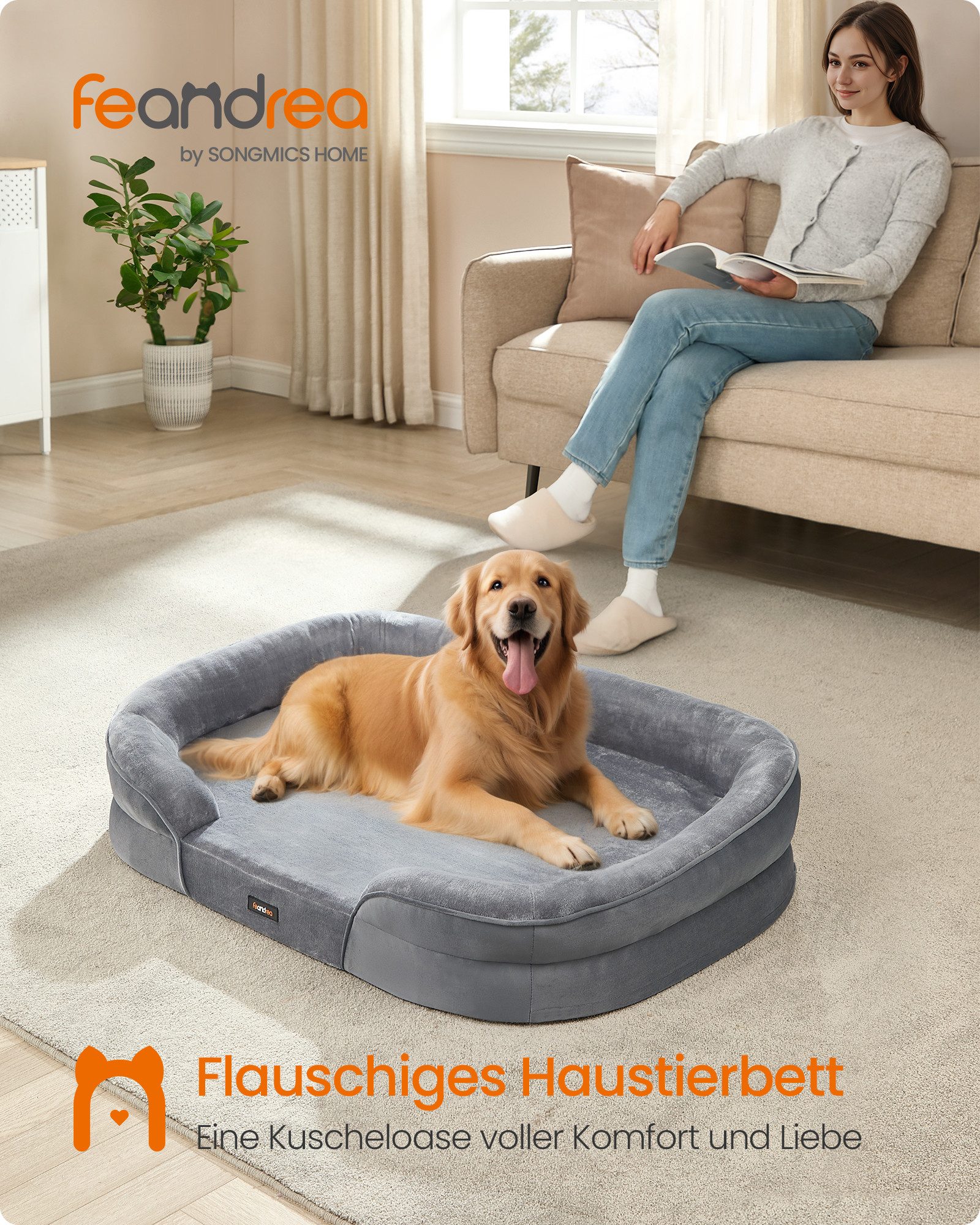 FEANDREA Tierbett Hundebett, Hundekissen, abnehmbar, große Hunde, 106x76x18 cm, orthopädisch, wasserdichte, erhöhte Ränder