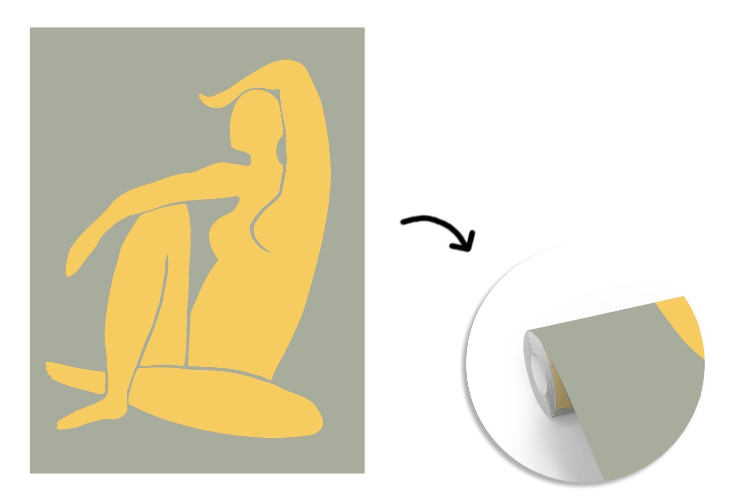 Design, für Montagefertig MuchoWow Tapete Vinyl - Gelb St), - Wandtapete Frau (4 - Grün - Minimalismus Matt, bedruckt, Wohnzimmer, Fototapete