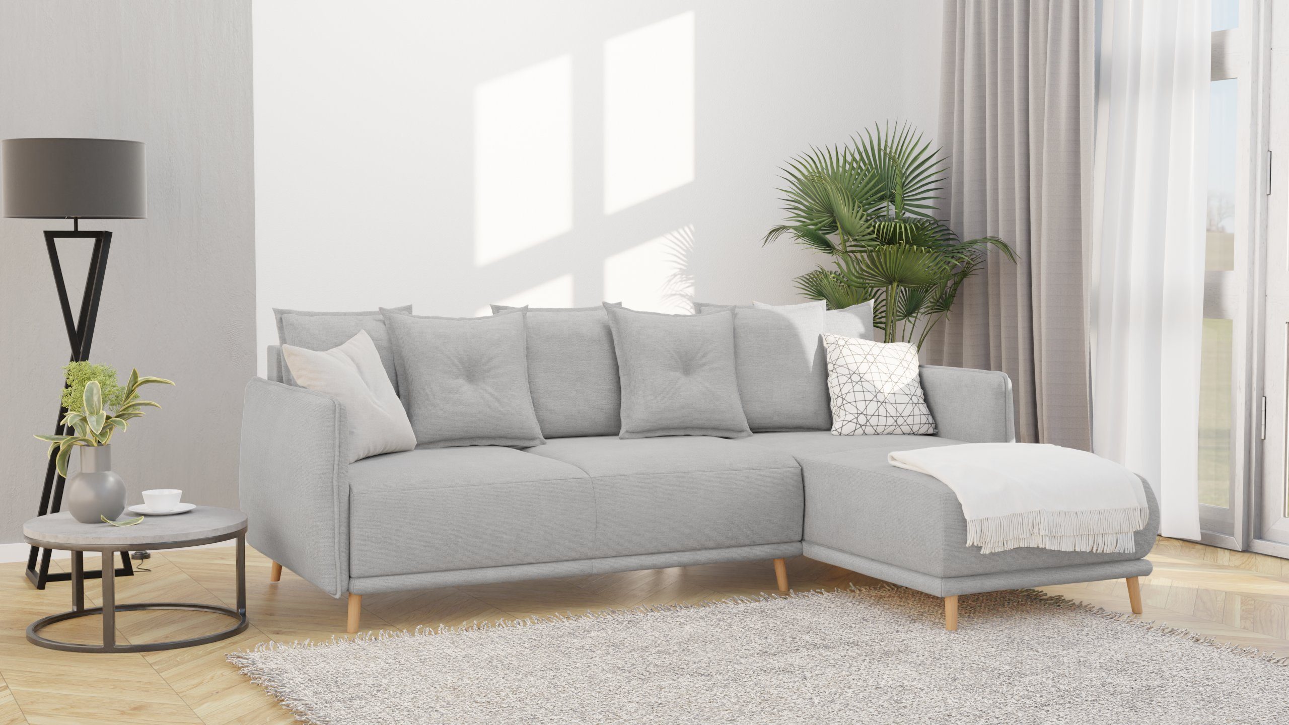 Ecksofa Lina mit Schlaffunktion, Bettkasten und Holzfüßen, aus Luxusmicrofaser