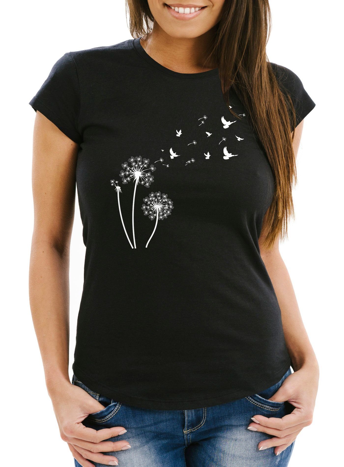 Neverless® schwarz Neverless Birds Print-Shirt Fit Print Dandelion Damen mit T-Shirt Pusteblume Slim Vögel
