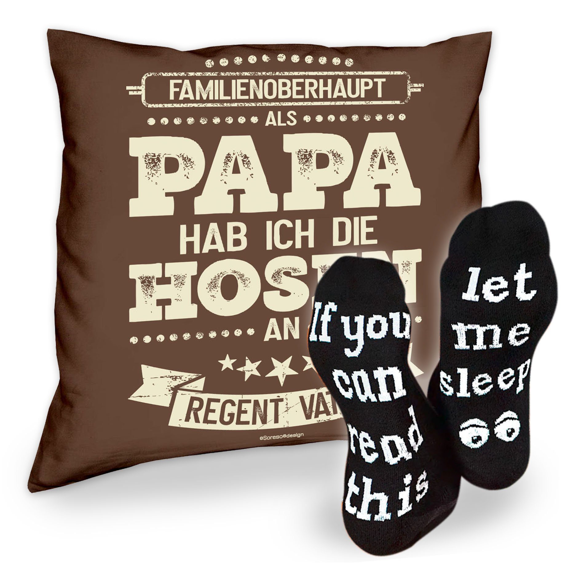 Soreso® Dekokissen Kissen Als Papa hab ich die Hosen an & Sprüche Socken Sleep, Geschenke Weihnachten Geburtstag Vatertag braun