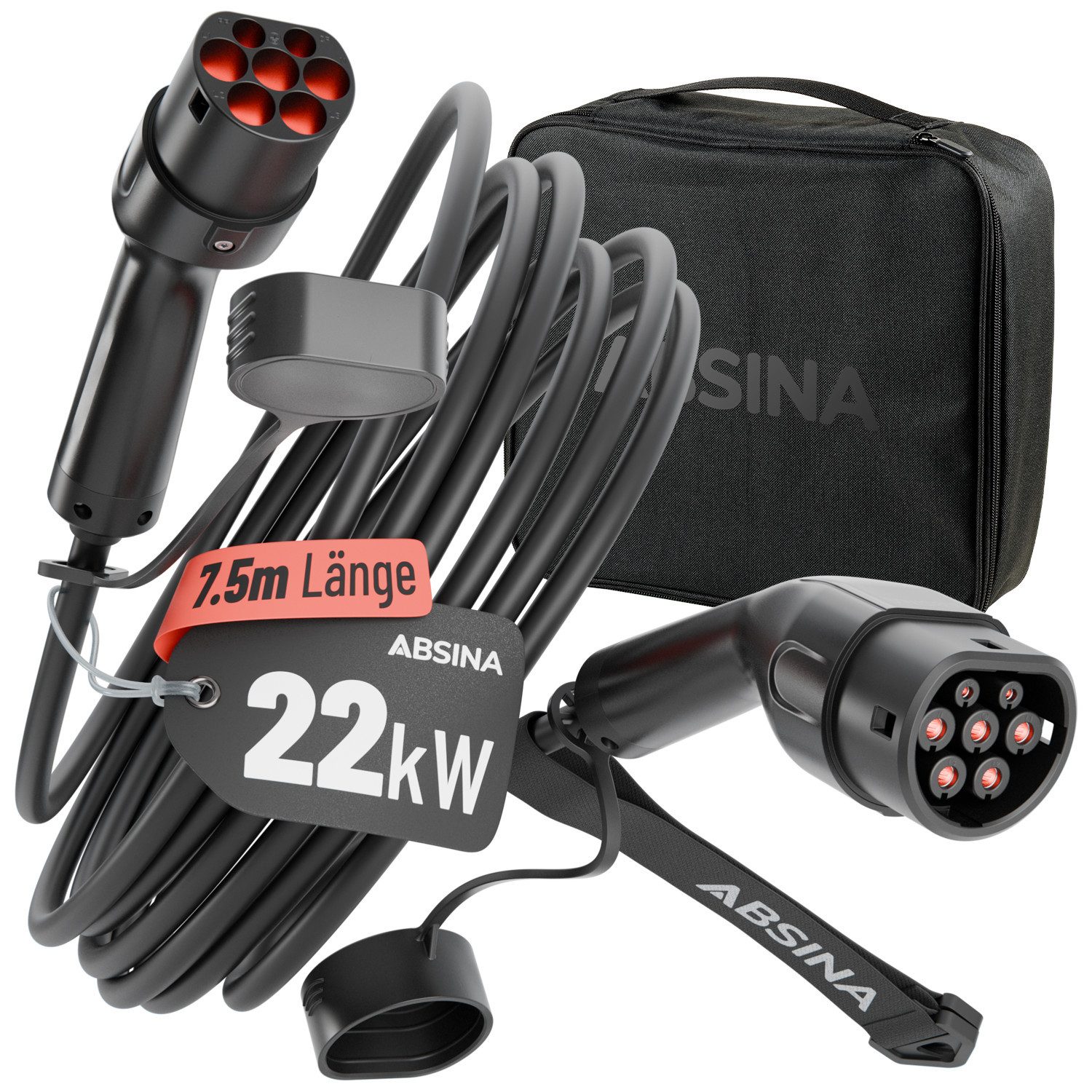 ABSINA Typ 2 Ladekabel 22kW 32A 7,5 Meter 3-phasig Mode 3 für E-Auto Elektroauto-Ladegerät (32000 mA, 1-tlg., 1 & 3 phasig, IP65 Zertifizierung, 10.000 Steckerzyklen)
