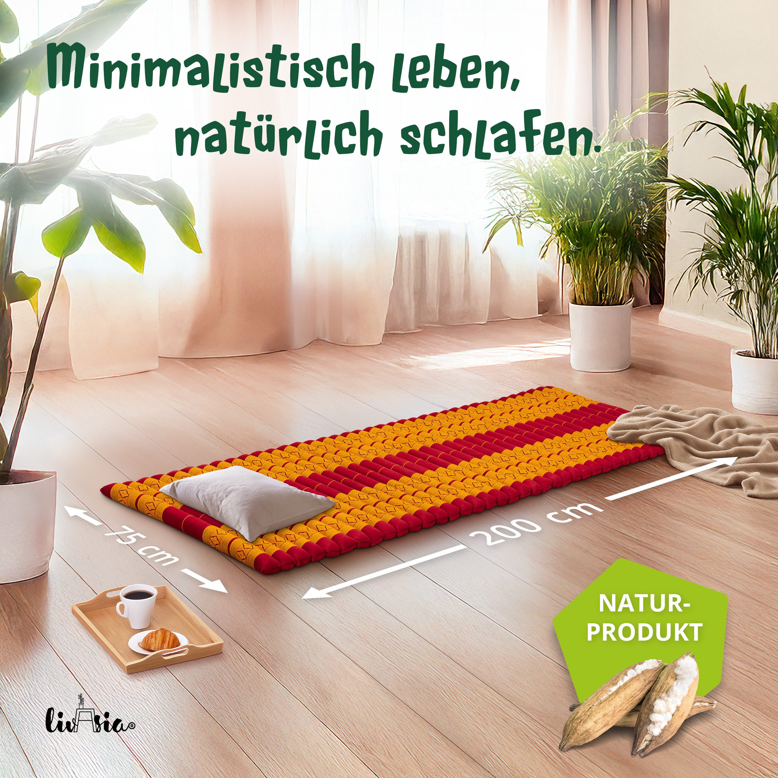 Reisebett-Matratzen Rollmatte 75 cm breit, vegan und handgefertigt, 200x75x4,5cm, livasia, 4.5 cm hoch, Kapok – Bild 2 von 5