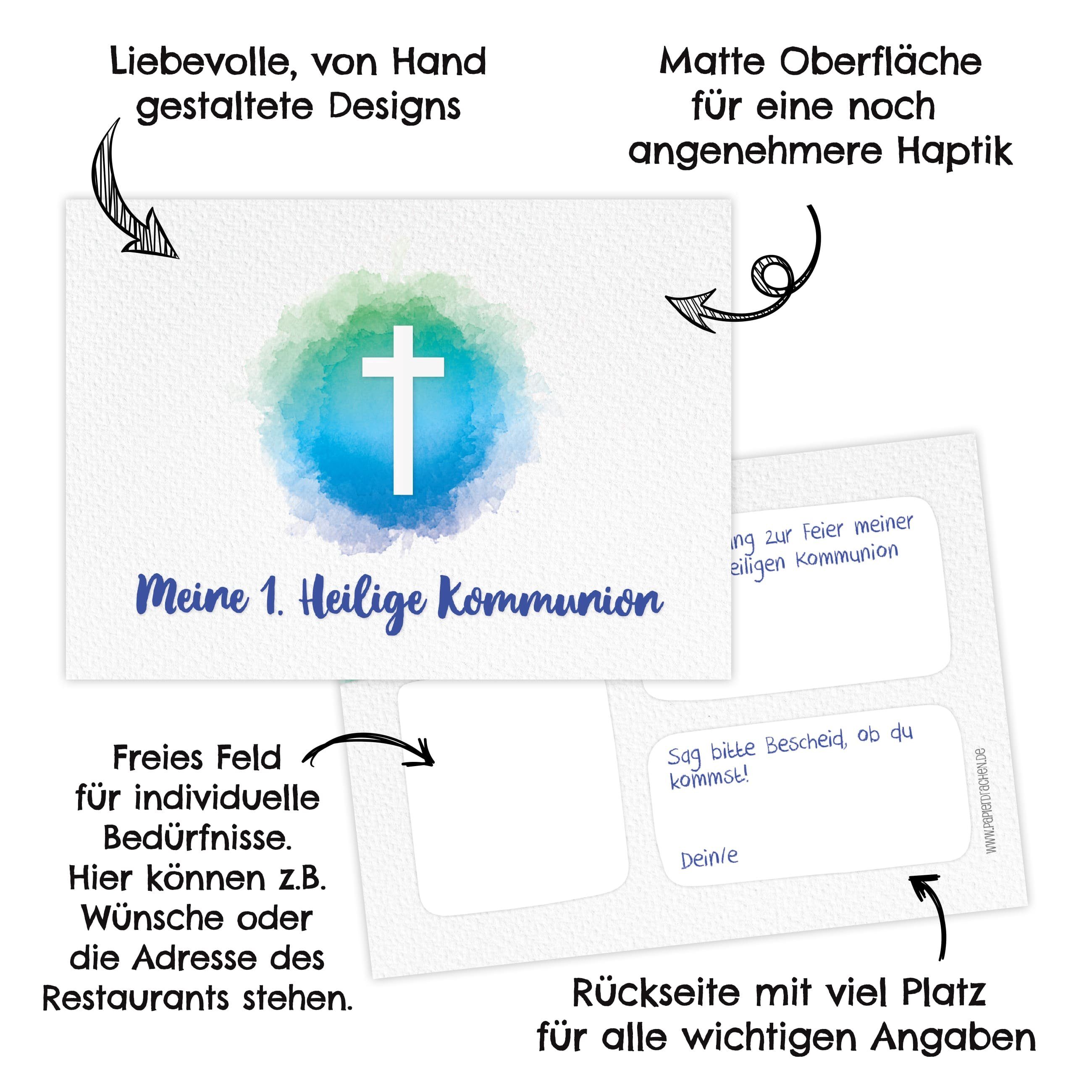 PAPIERDRACHEN Kommunionskarte 12 Einladungskarten zur Kommunion - Einladung zur Heiligen Kommunion, für Mädchen und Jungen -hochwertig gedruckt in DIN A6