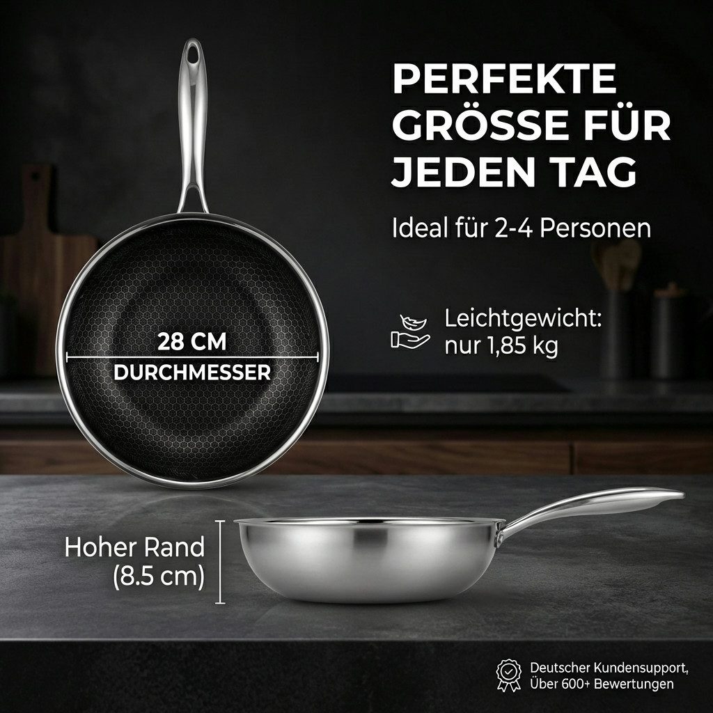 FIXLINE Wok Pfanne 28cm BLACK FOREST Edition Kratzfeste Beschichtung Induktion, Edelstahl (Einzel, 1 Wok Pfanne), Perfekte Geschenk Idee