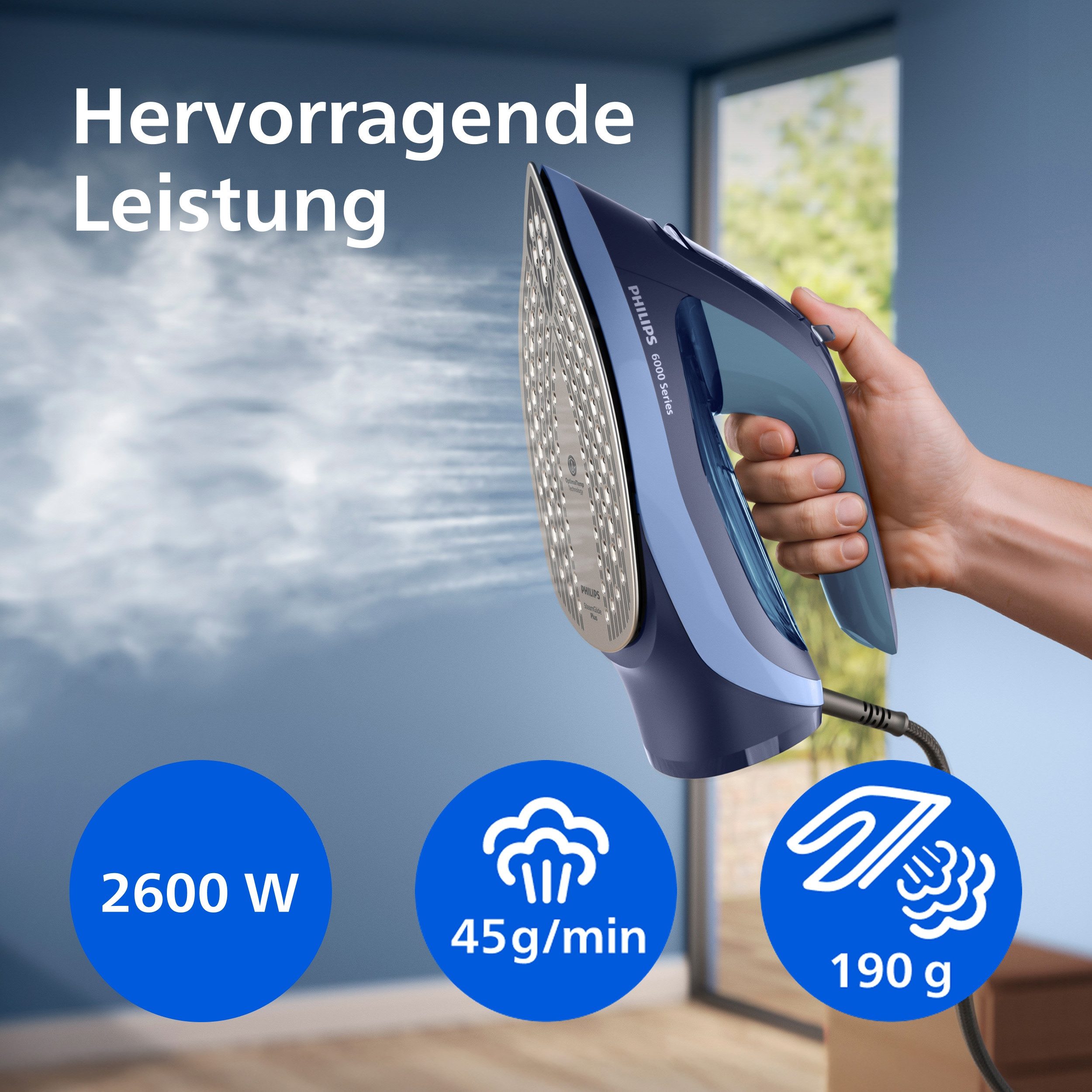 Philips Dampfbügeleisen DST6120/20 6000 Series, 2600 W, SteamGlide Plus, mit 300 ml Wassertank und 190 g Dampfstoß – Bild 4 von 5