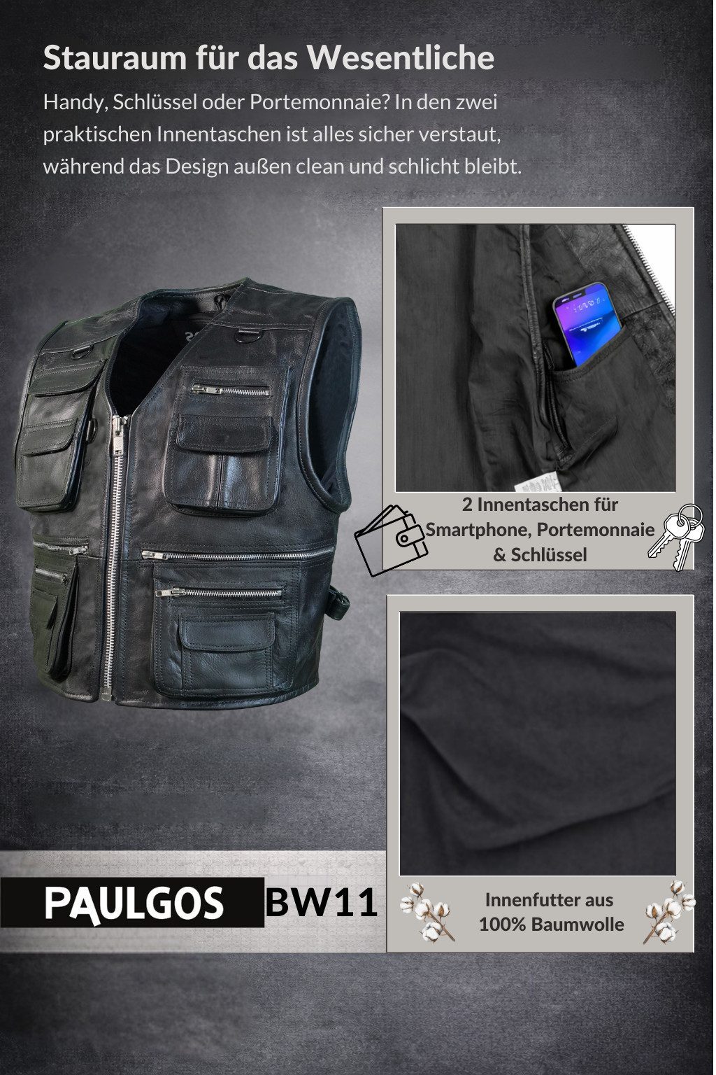 PAULGOS Motorradweste Lederweste Biker Kutte Clubweste Chopper Weste 100% Echtleder - BW11