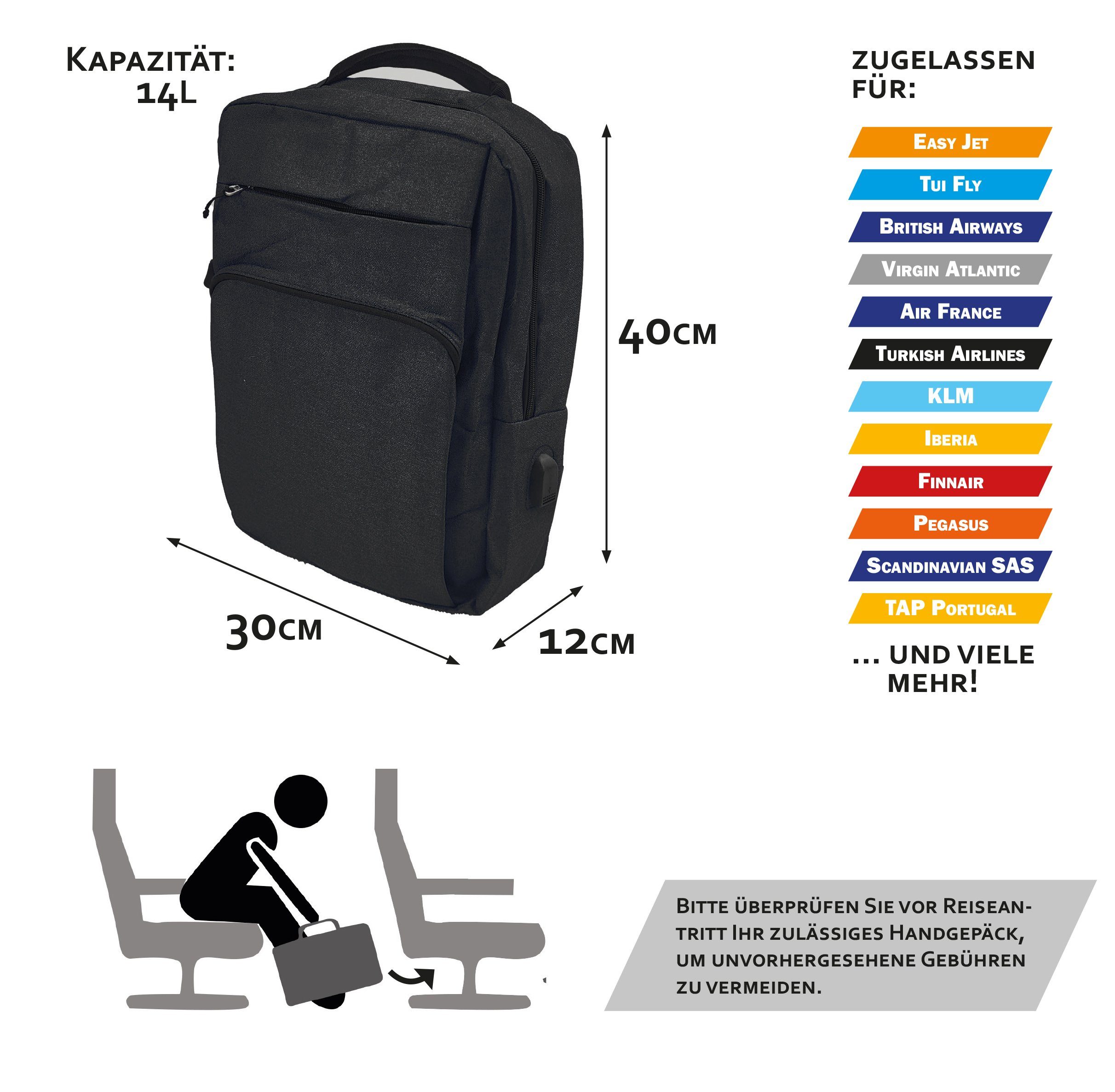 BambiniWelt by Rafael K. Handgepäckkoffer RUCKSACK Handgepäck Boardgepäck Flugtaschen-Rucksack KLEIN 40x30x12cm, integrierter Anschluss für Powerbank
