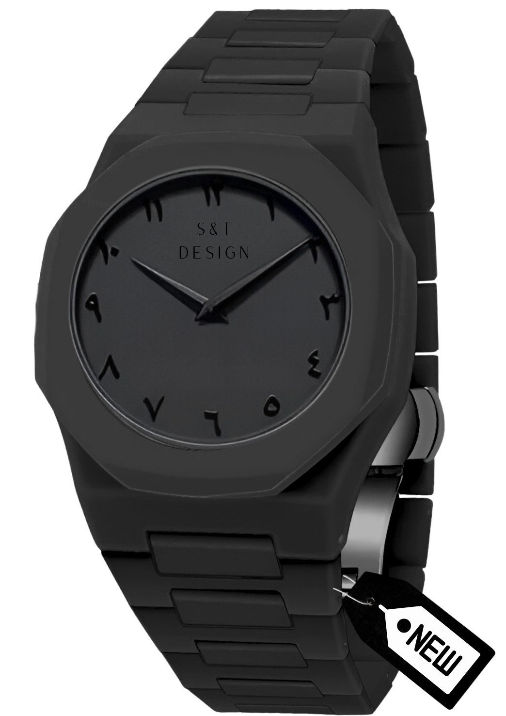 S&T Design Quarzuhr Herrenuhr Armbanduhr Schwarz Matte Männer Uhr Arabisch All Black, (Packung, 1-tlg., mit Armbandkürzer und Geschenkbox), Ultraleichte Herrenuhren 40g Matt Weich Elegant Minimalistisch Schwarz