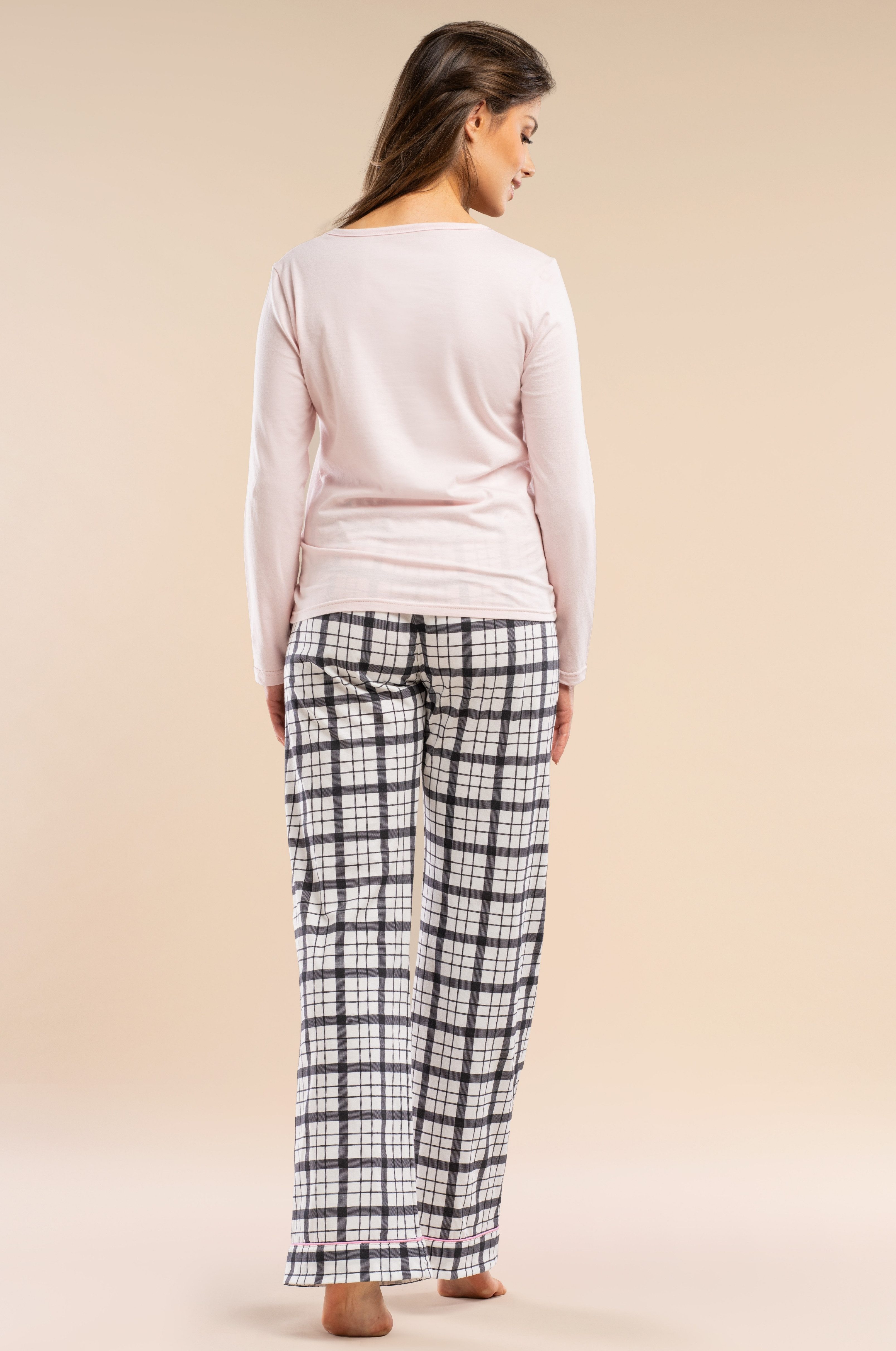 Mademoiselle Sommeil Pyjama mit Hellrosa Oberteil & Karo-Hose mit rosa Paspel (2 tlg) aus 100 % Baumwolle, Langarmshirt & lange Hose, Made in Polen