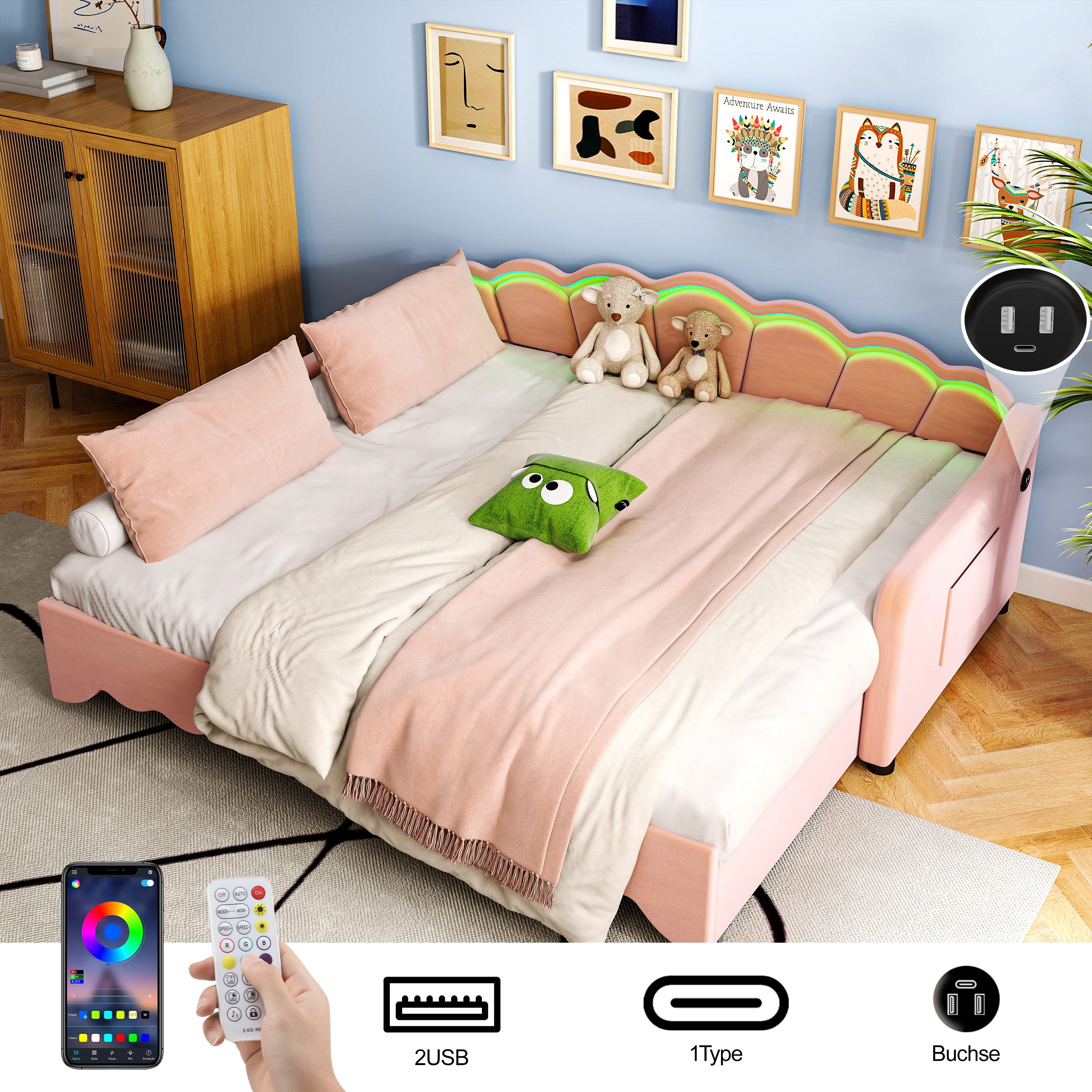 oyajia Daybett Polsterbett 90x190cm mit Ausziehbett 180x190cm, Samt Polsterbett Schlafsofa Kinderbett Tagesbett mit LED-Beleuchtung