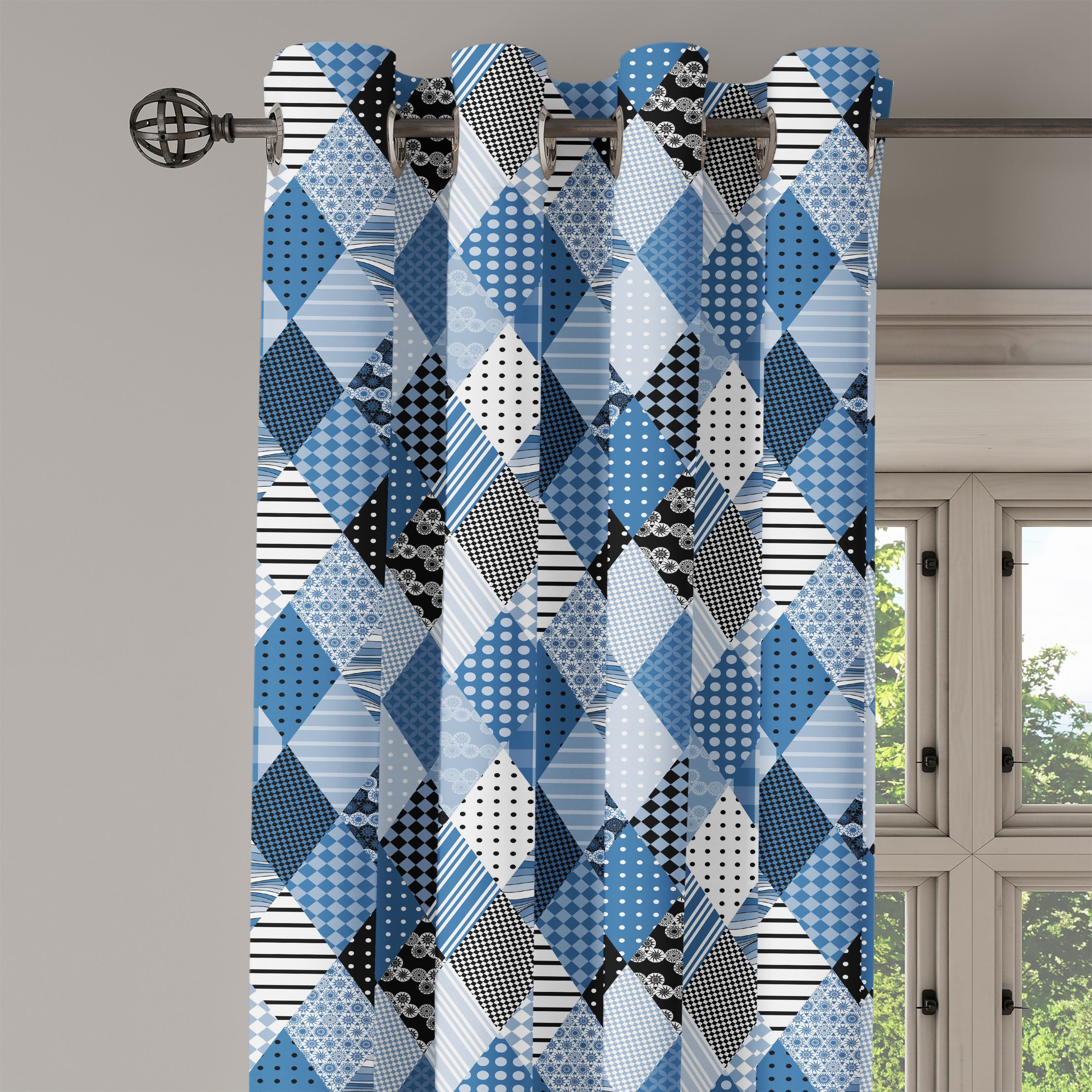 Gardine Dekorative 2-Panel-Fenstervorhänge Abakuhaus, für Schlafzimmer Patchworks Blau Diamantförmig Wohnzimmer