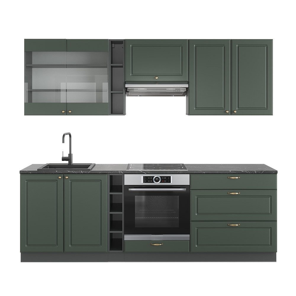 Vicco Küchenzeile Fame-Line, Grün-Gold Landhaus/Anthrazit, 235cm ohne Arbeitsplatte