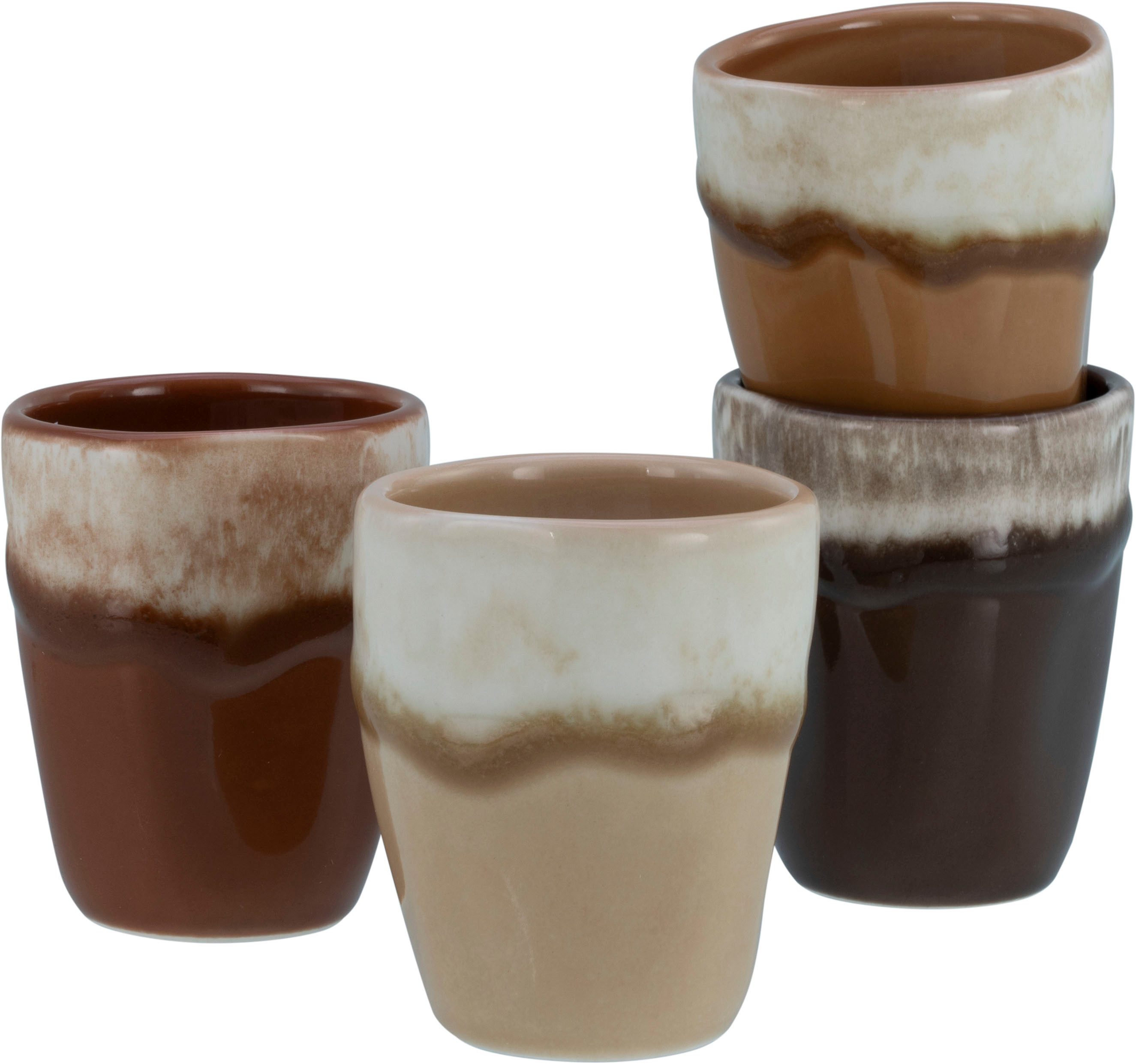 CreaTable Espressotasse Squeezy Mocha Mousse, Espressobecher 4-tlg, 4-tlg., Steinzeug, Einzigartige Optik, Reaktivglasur