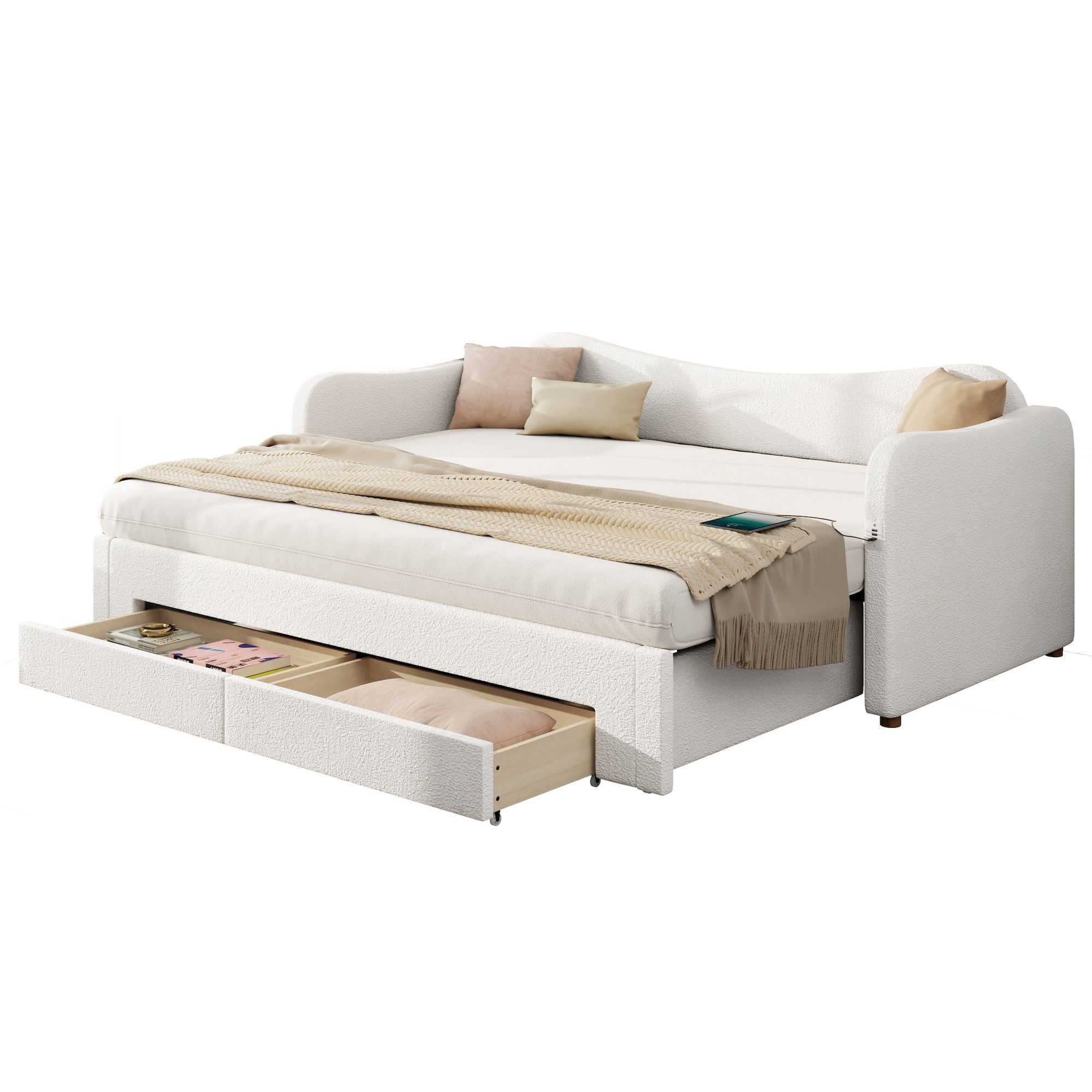 SOFTWEARY Schlafsofa mit Bettfunktion, 90x200cm/180x200cm, mit Schubladen, Lattenrost, USB und Type-C, Liegefläche erweiterbar, Polsterbett, Boucle